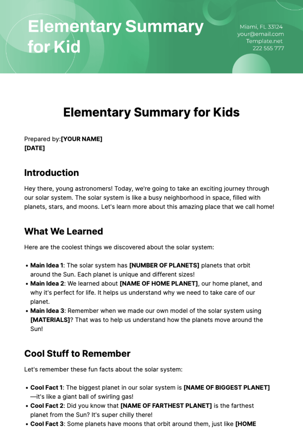 Elementary Summary for Kids Template
