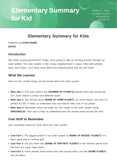 Free Elementary Summary for Kids Template to Edit Online