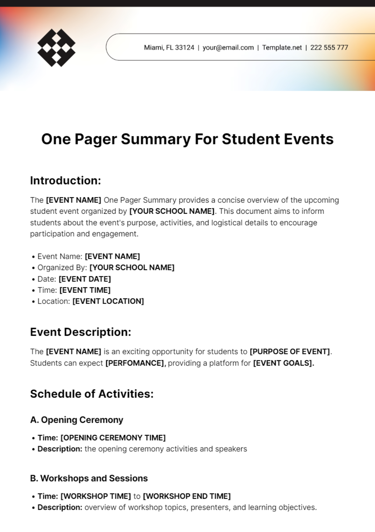 One Pager Summary For Student Events Template