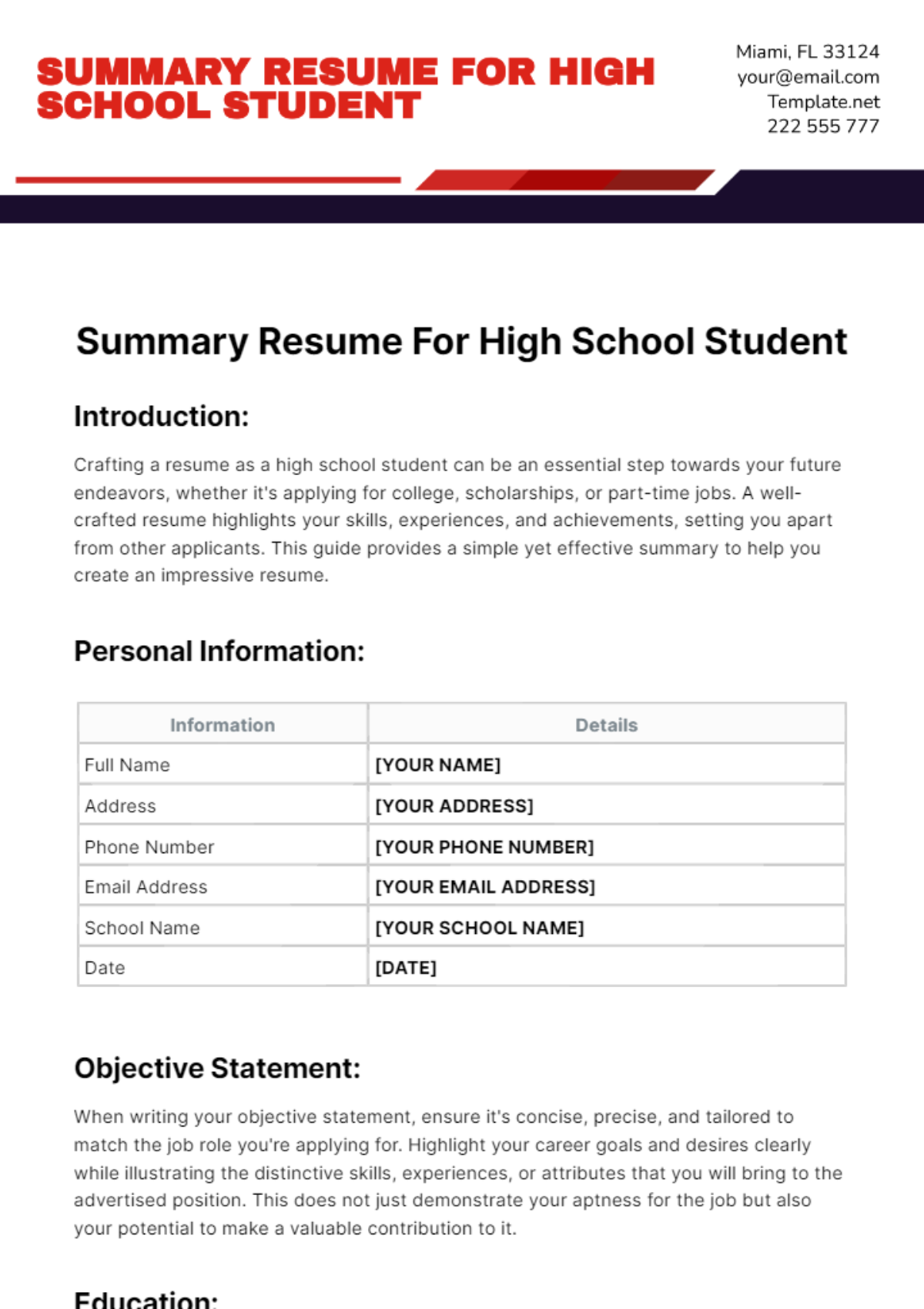 Summary Resume For High School Student Template