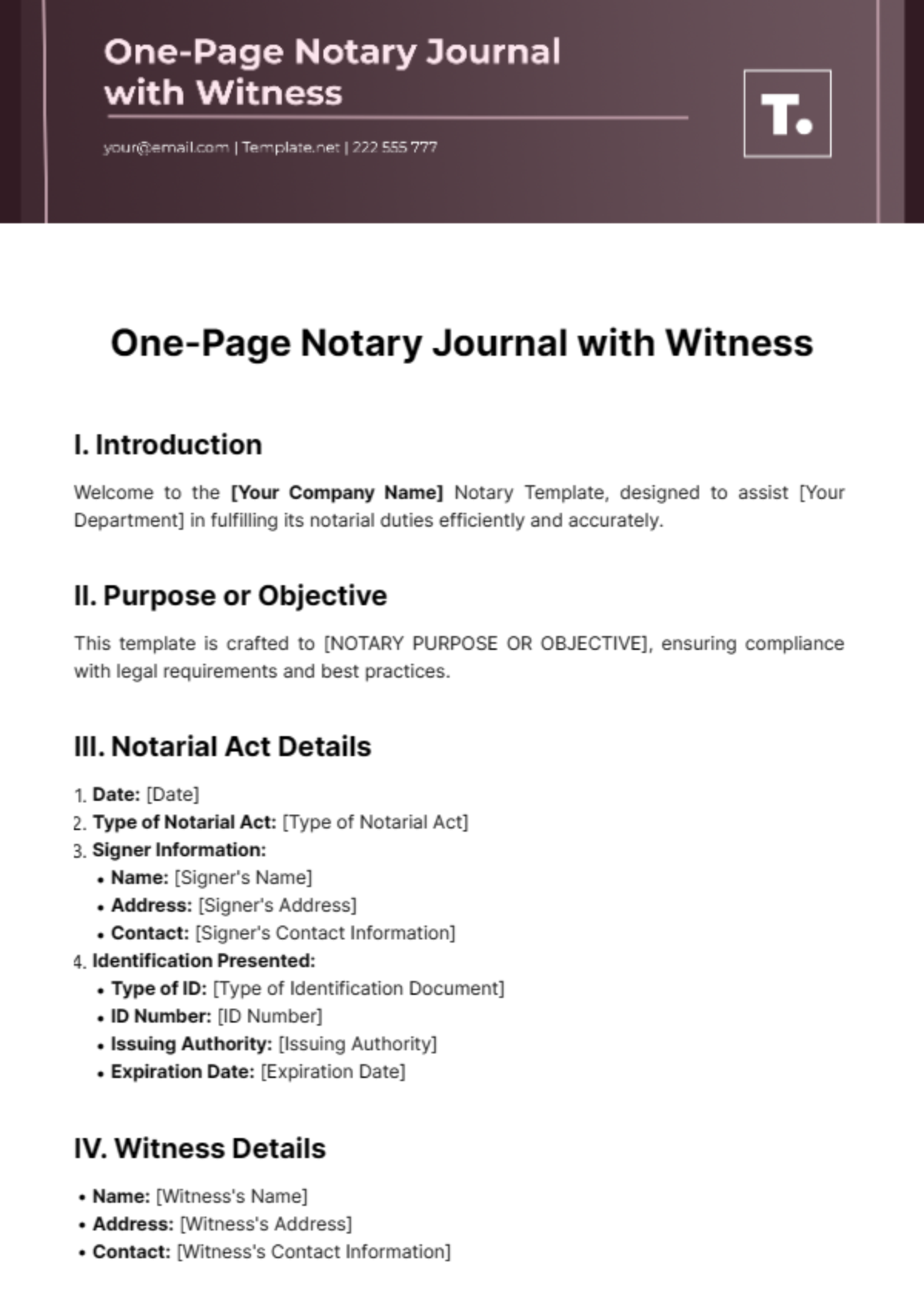 One-Page Notary Journal with Witness Template