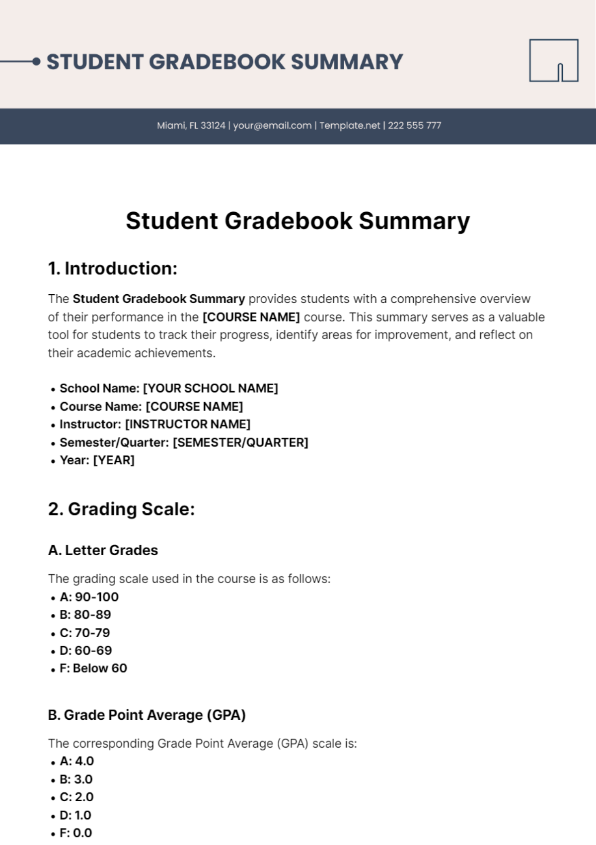 Student Gradebook Summary Template