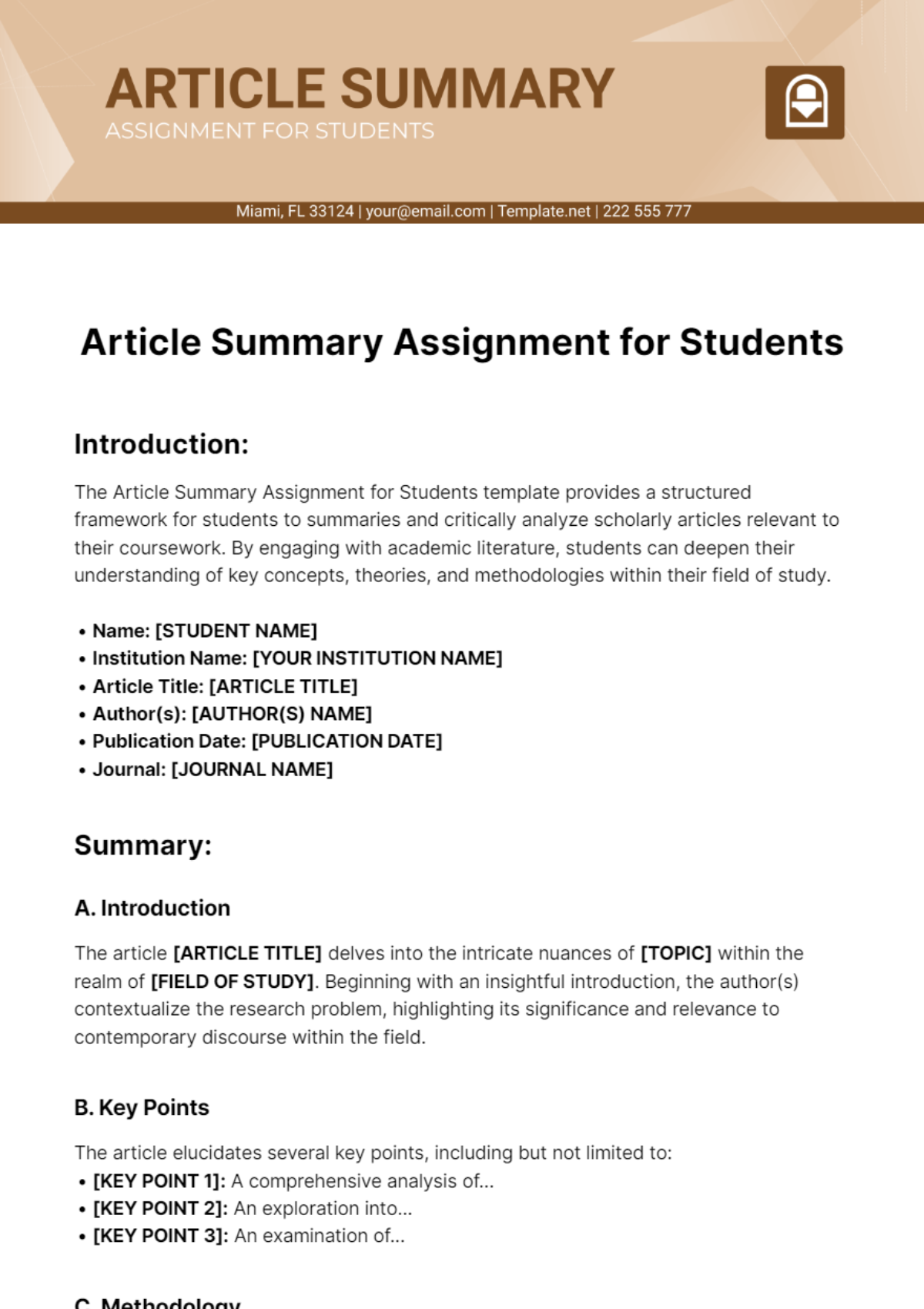 Free Article Summary Assignment for Students Template