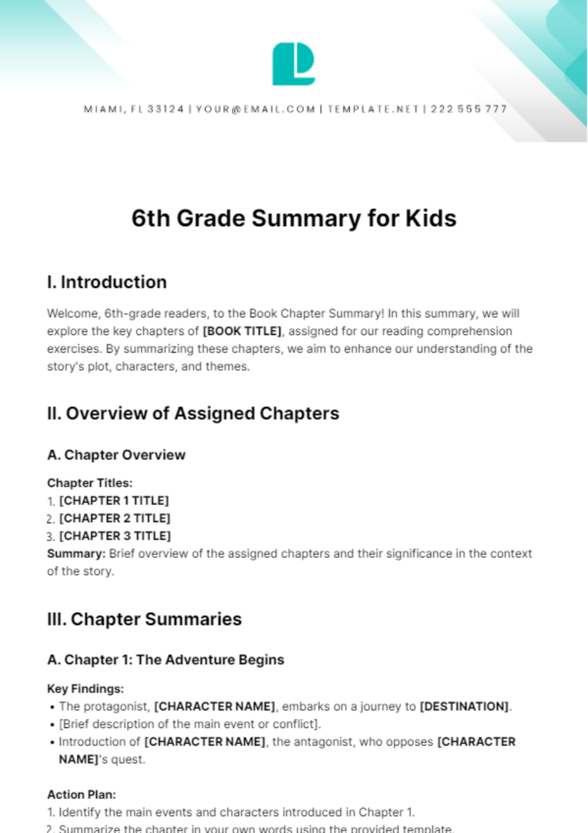6th Grade Summary for Kids Template