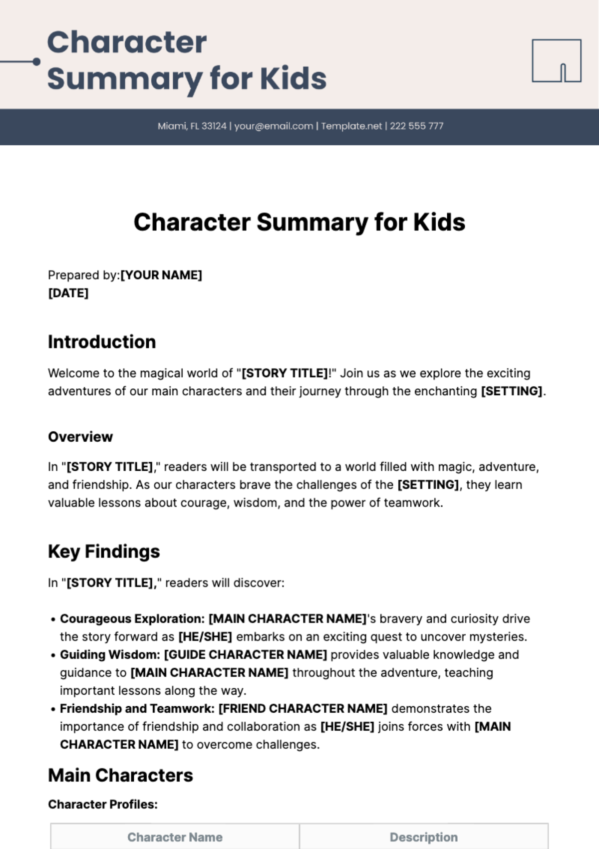 Character Summary for Kids Template
