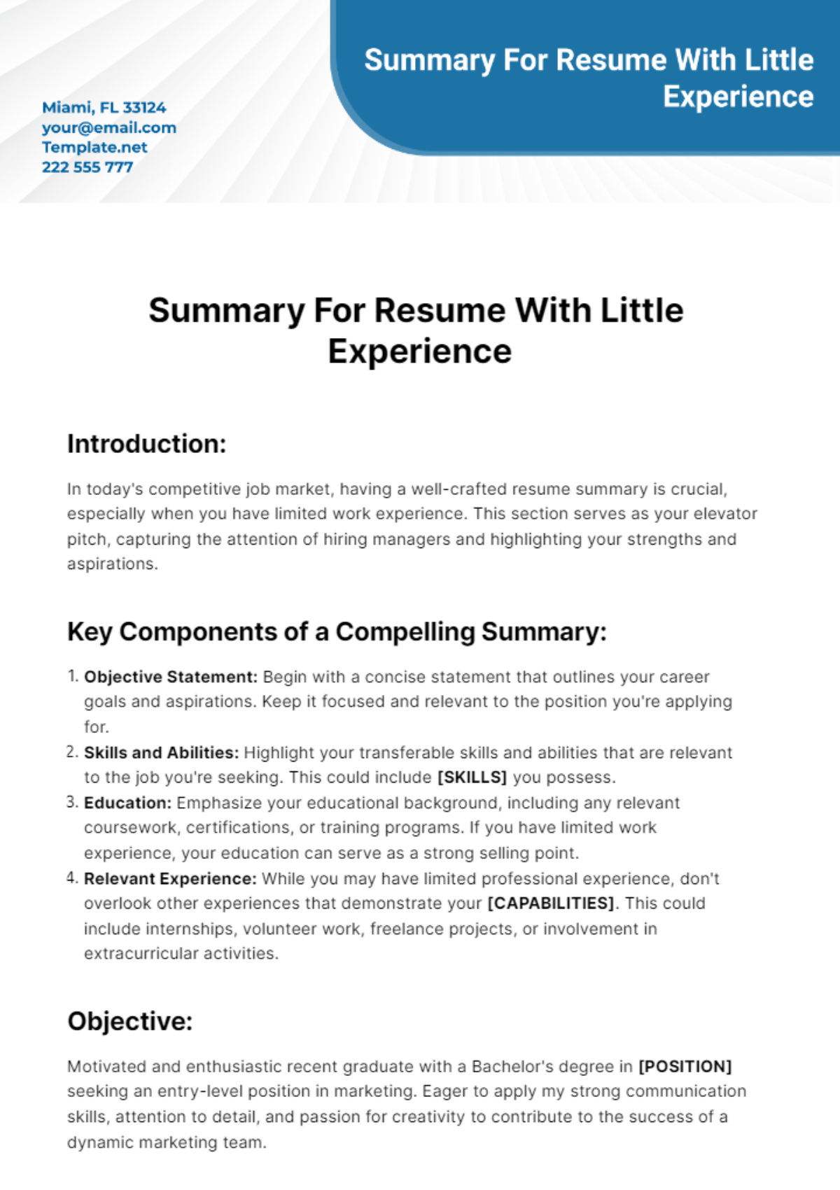 Summary For Resume With Little Experience Template