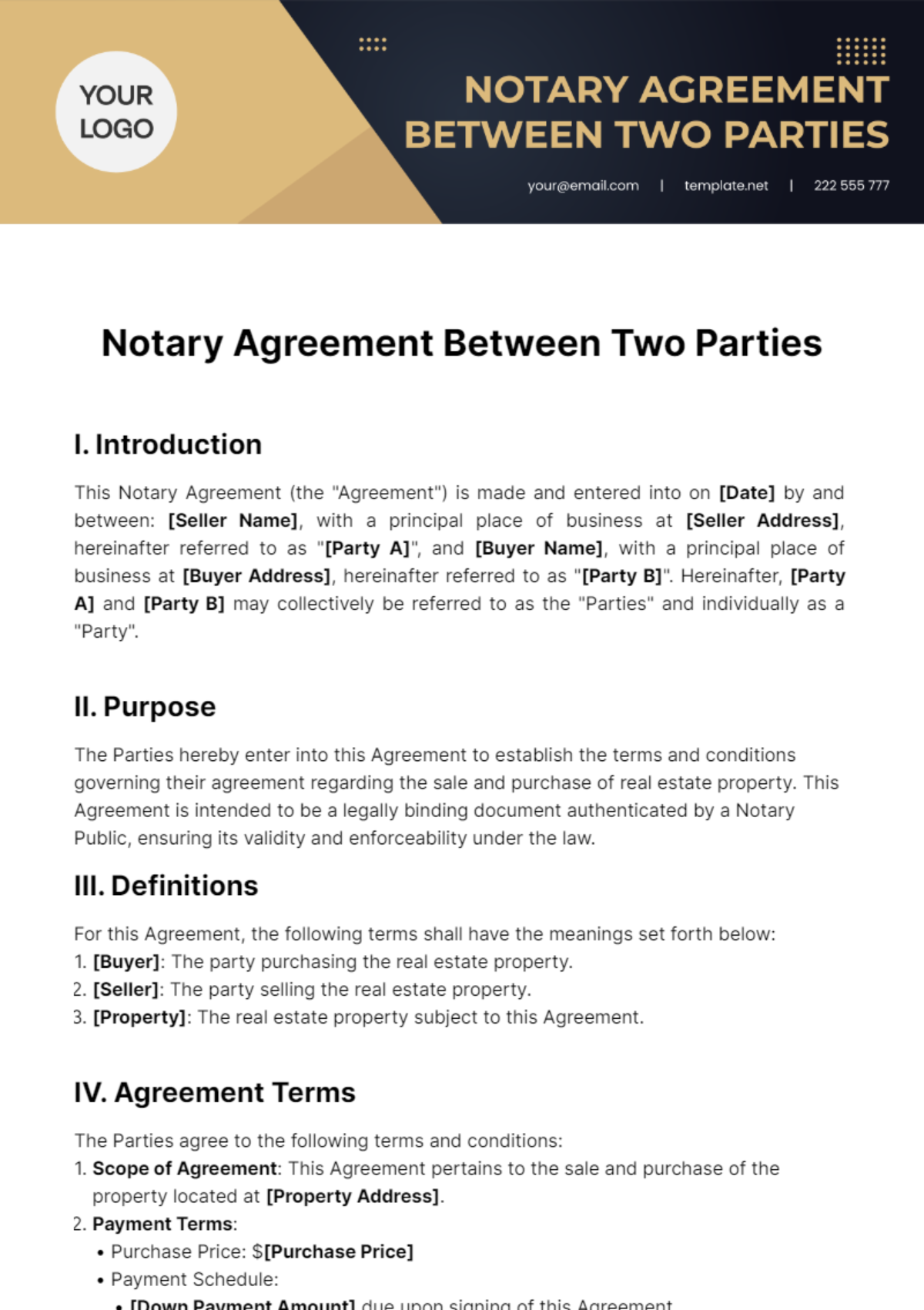 Free Notary Agreement Between Two Parties Template