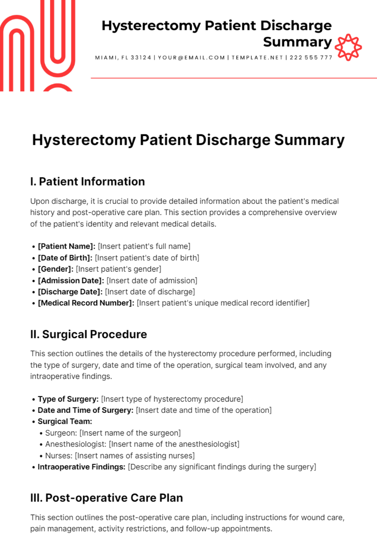 Hysterectomy Patient Discharge Summary Template