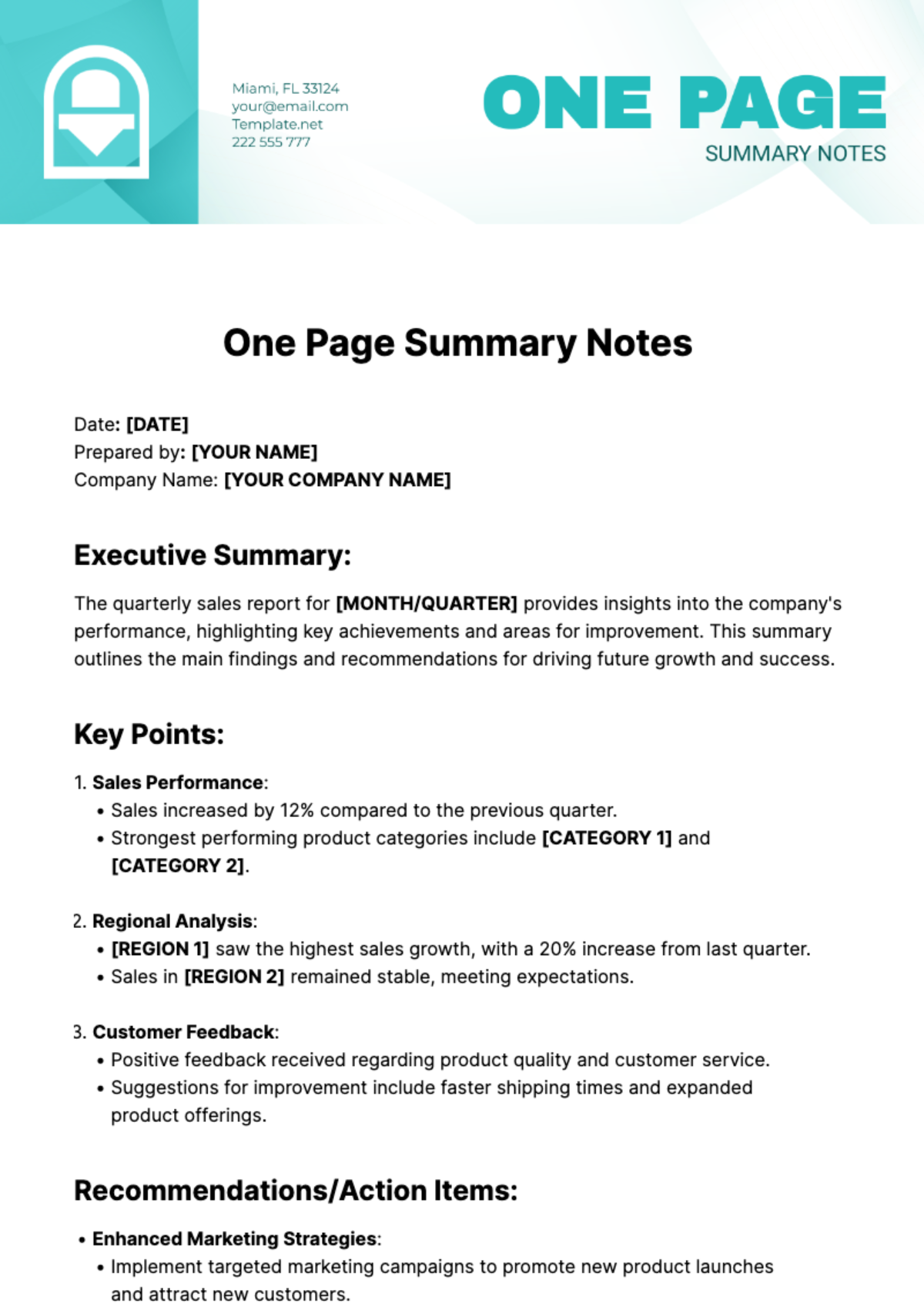 One Page Summary Notes Template