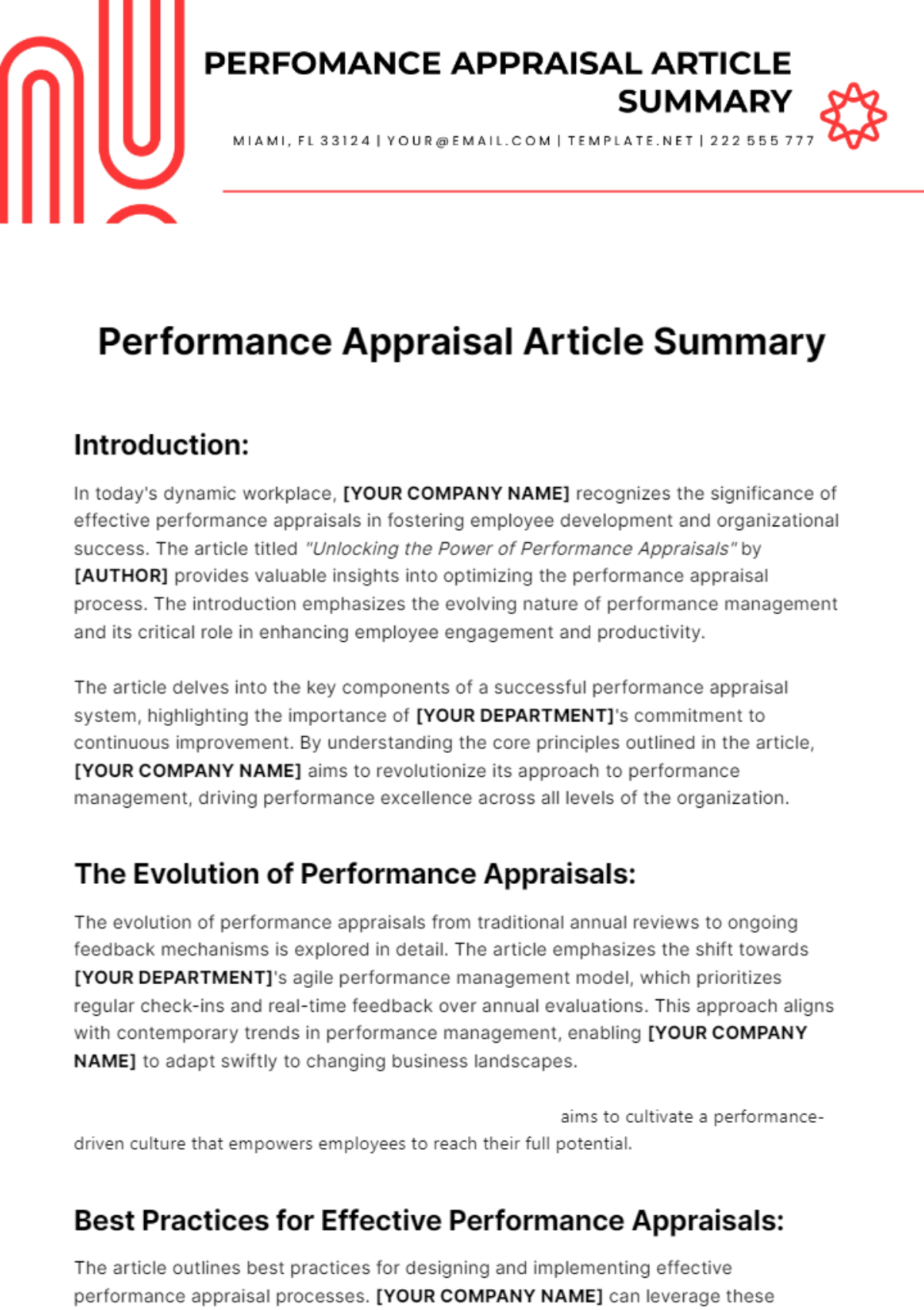 Performance Appraisal Article Summary Template
