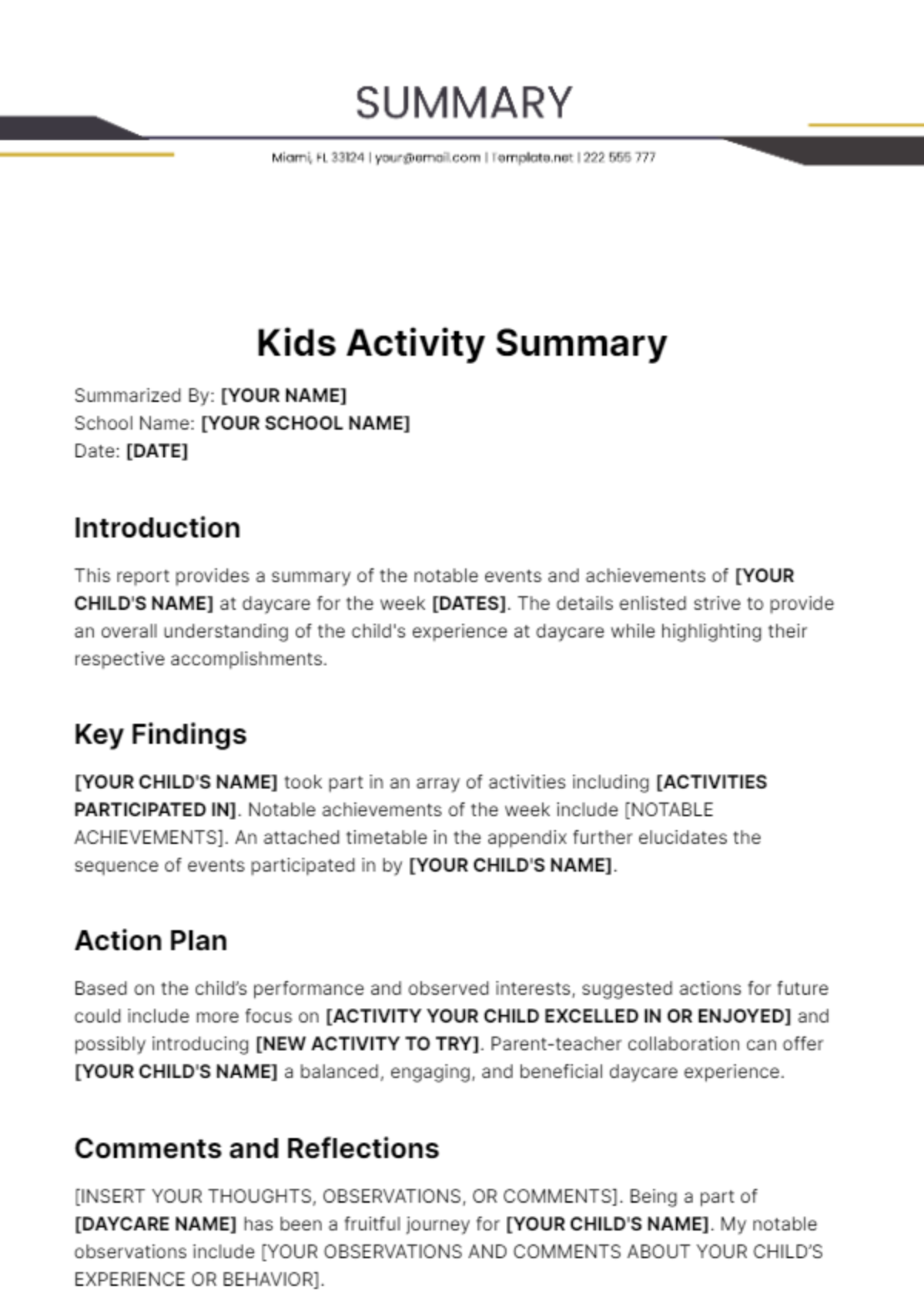 Kids Activity Summary Template