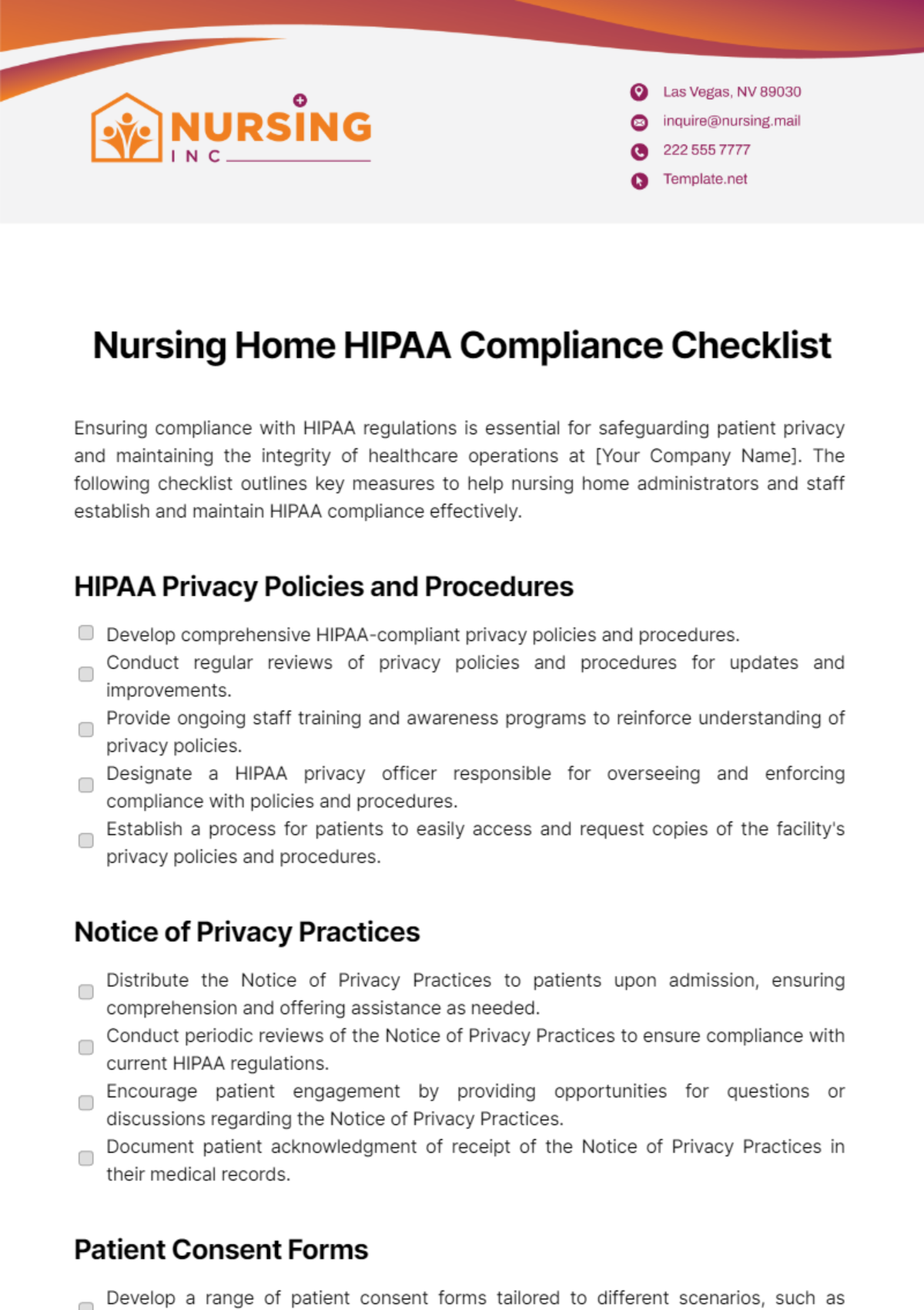 Nursing Home HIPAA Compliance Checklist Template