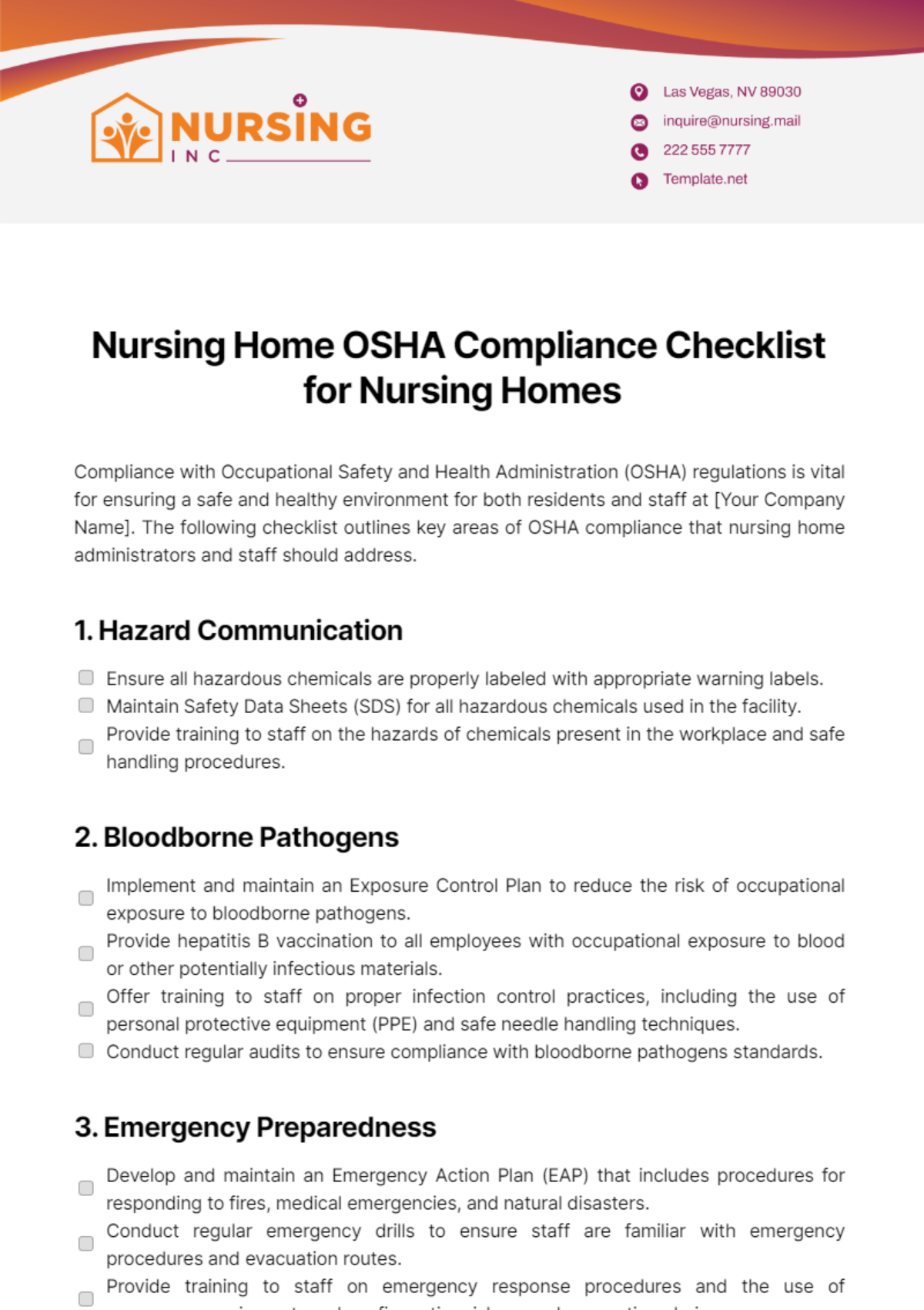Nursing Home OSHA Compliance Checklist for Nursing Homes Template
