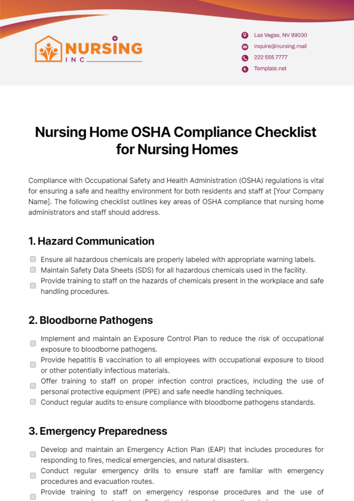 Nursing Home OSHA Compliance Checklist for Nursing Homes Template - Edit Online & Download