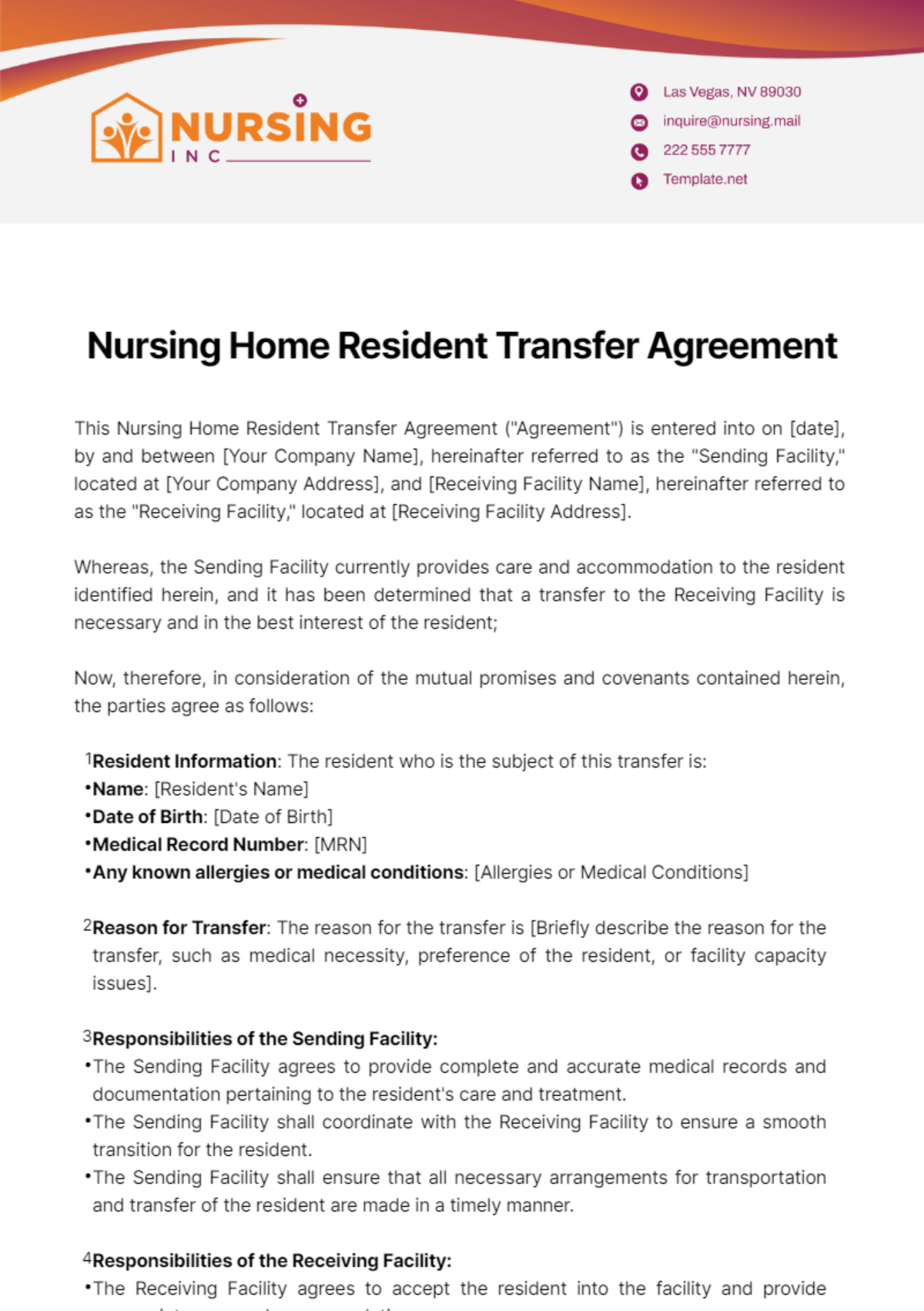 Nursing Home Resident Transfer Agreement Template