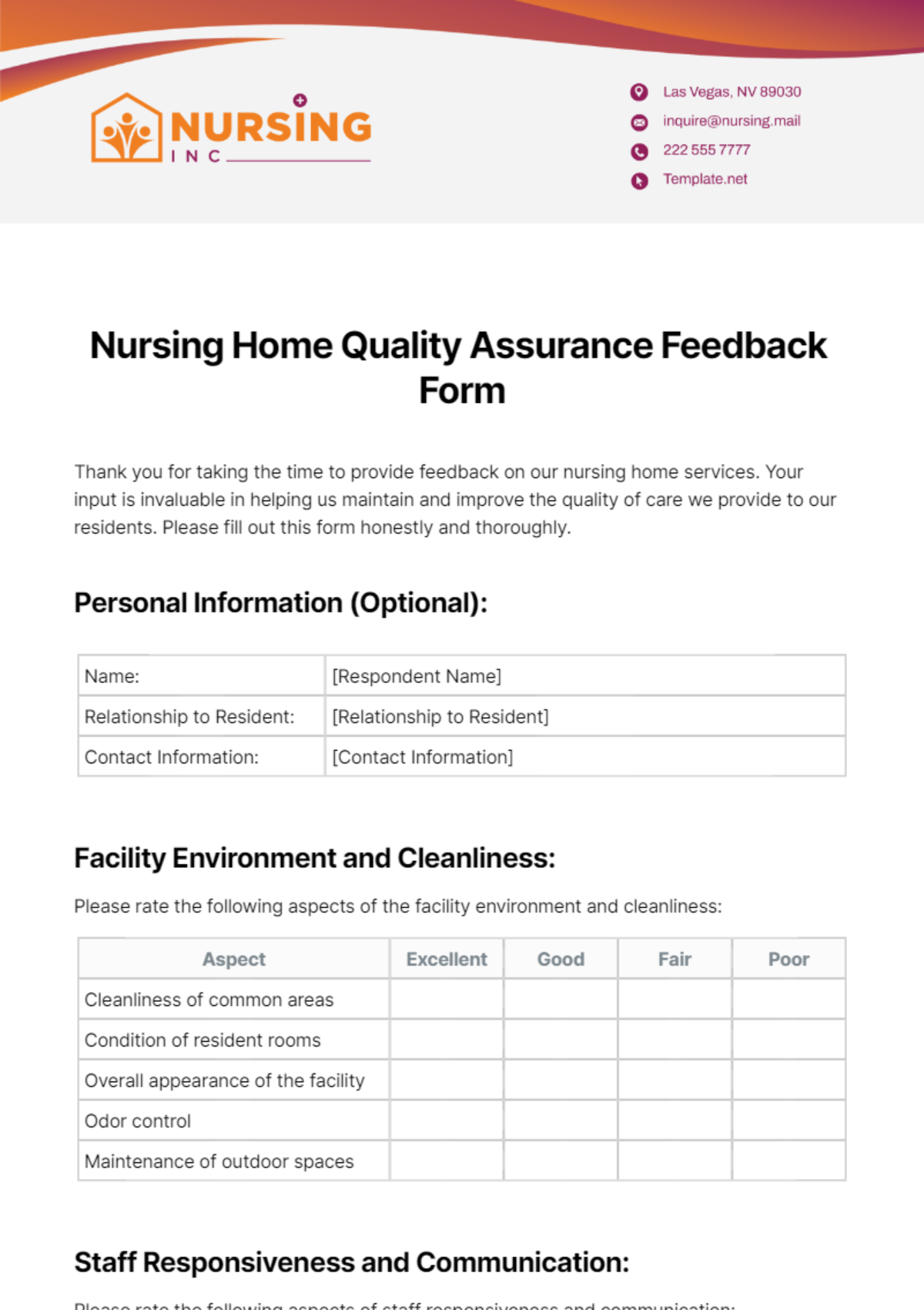 Nursing Home Quality Assurance Feedback Form Template
