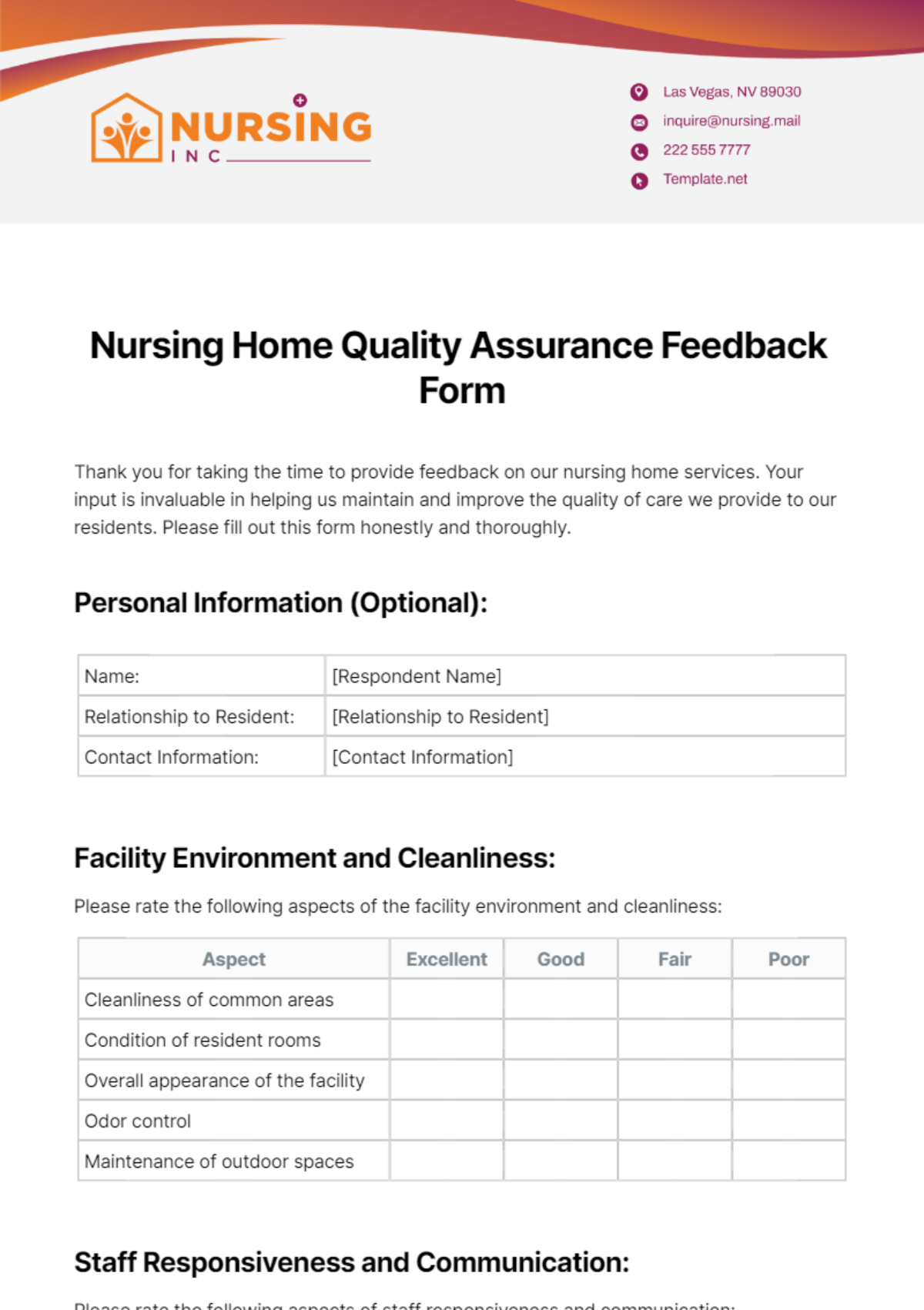 Nursing Home Quality Assurance Feedback Form Template - Edit Online & Download