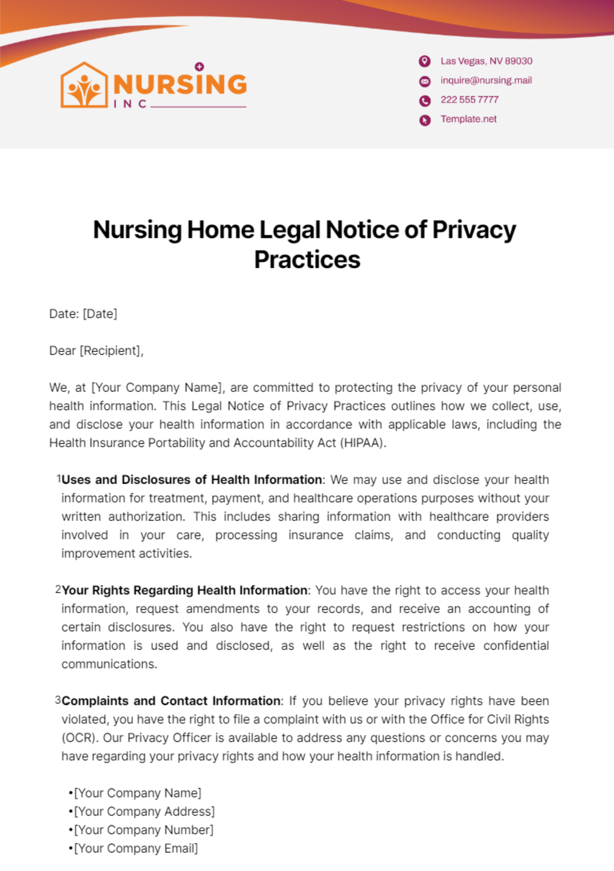 Nursing Home Legal Notice of Privacy Practices Template