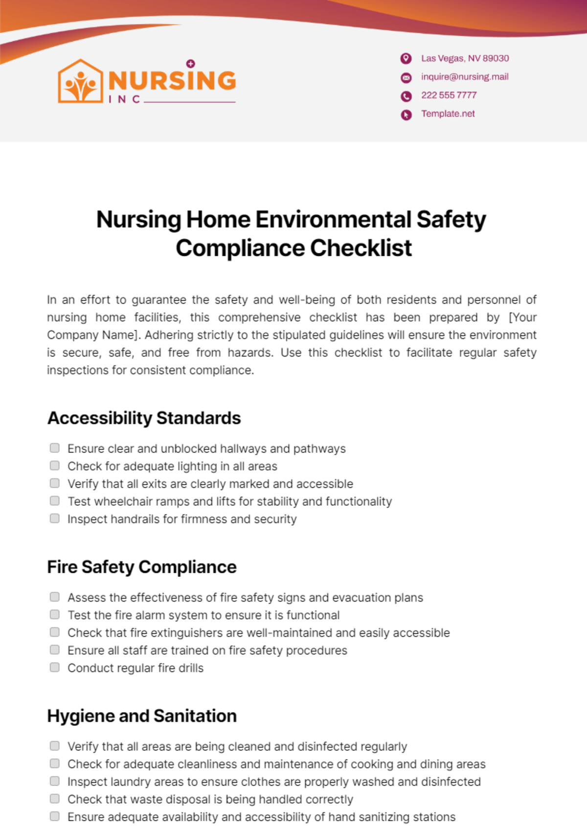 Nursing Home Environmental Safety Compliance Checklist Template