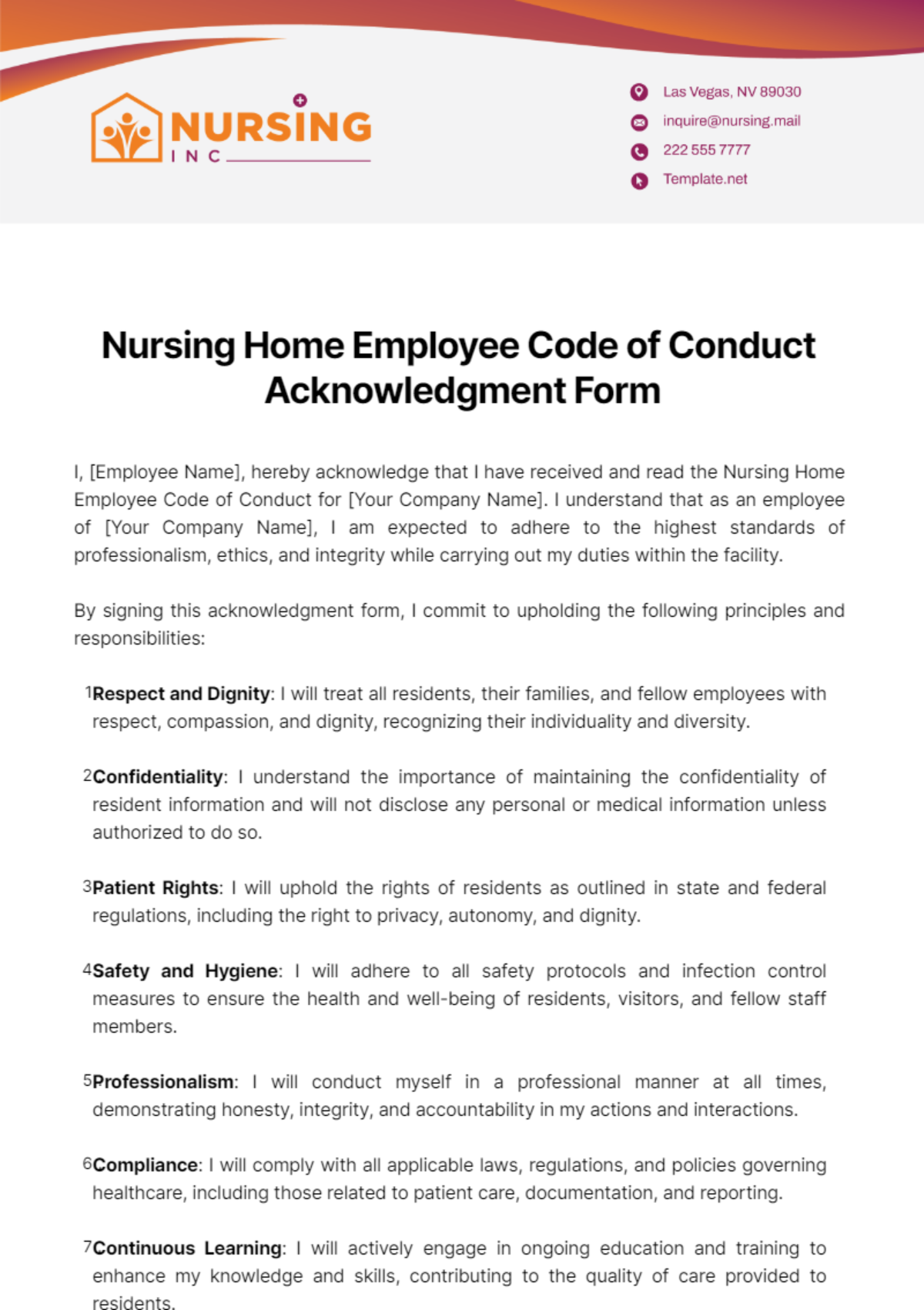 Nursing Home Employee Code of Conduct Acknowledgment Form Template