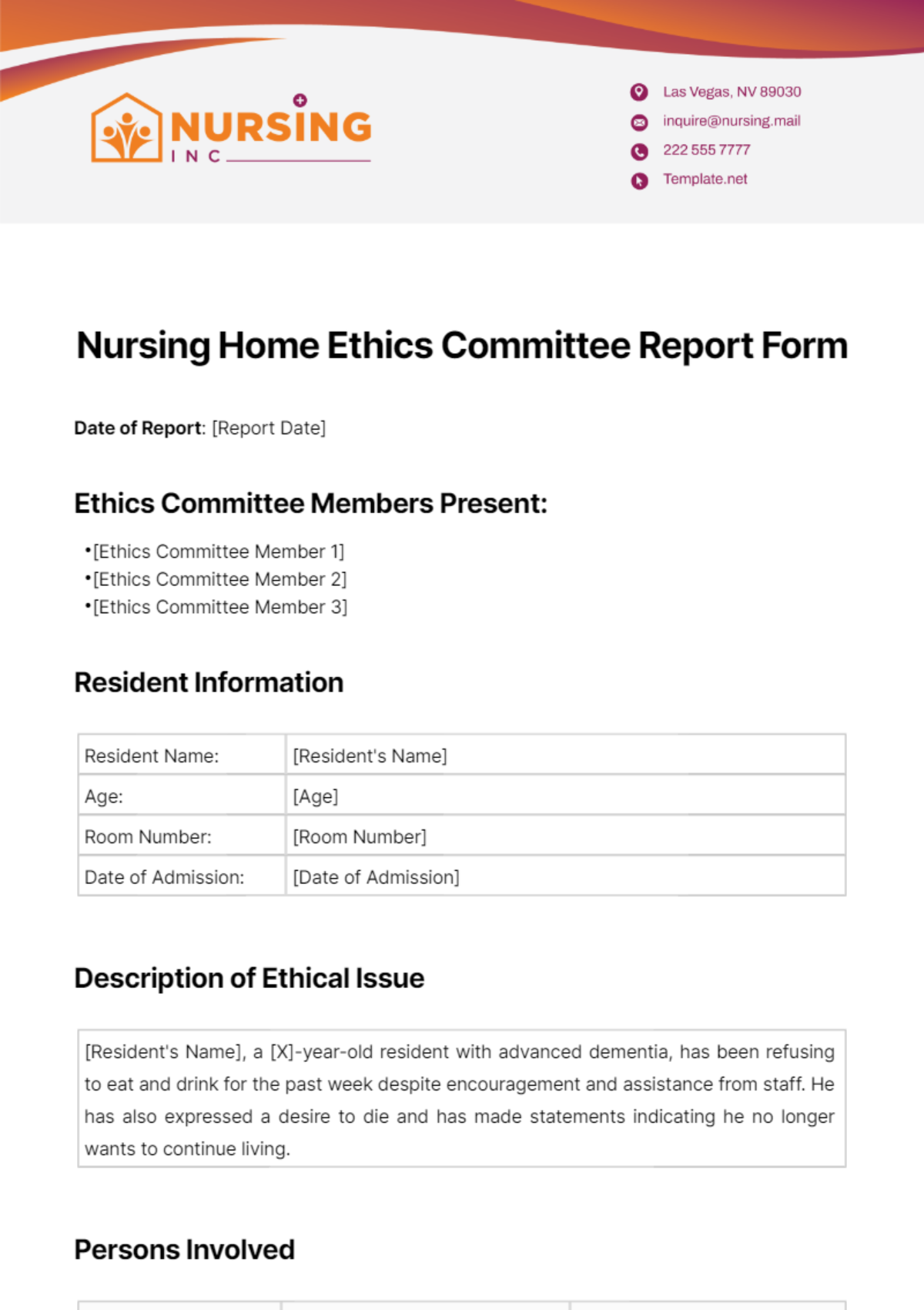 Nursing Home Ethics Committee Report Form Template