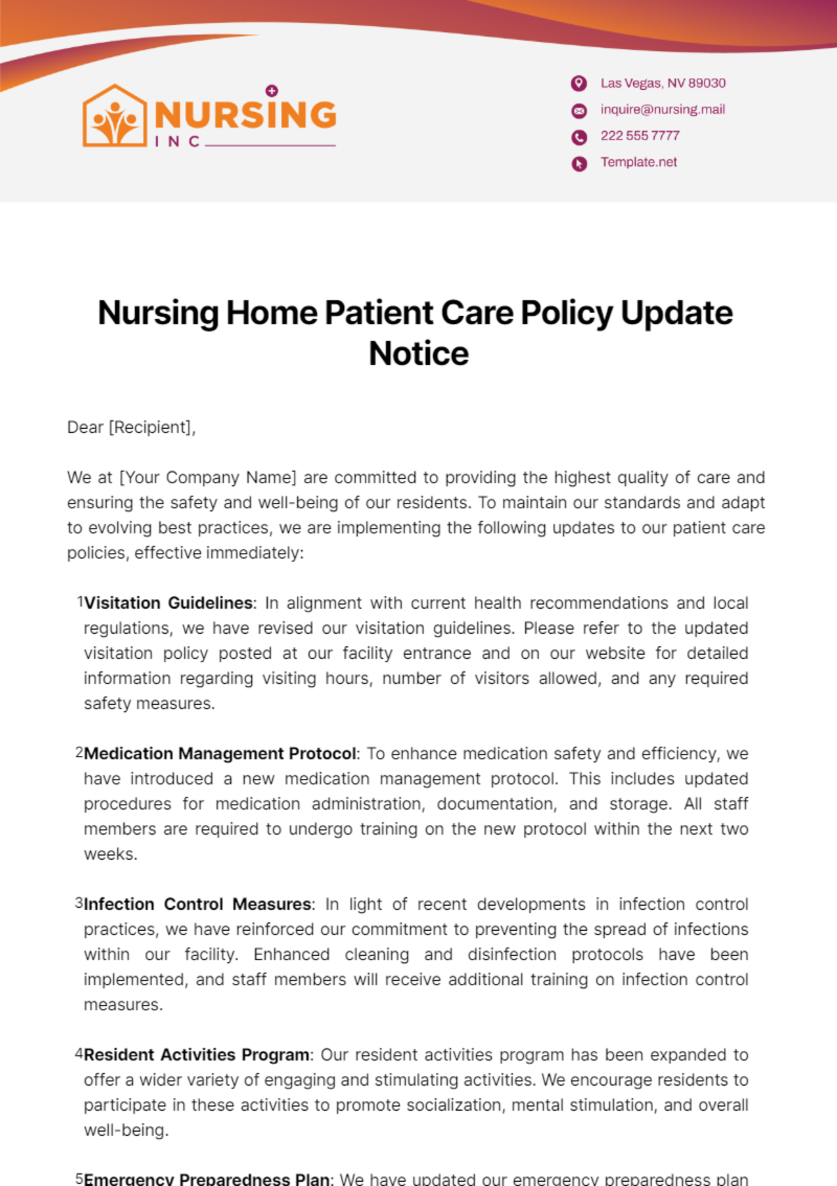 Nursing Home Patient Care Policy Update Notice Template