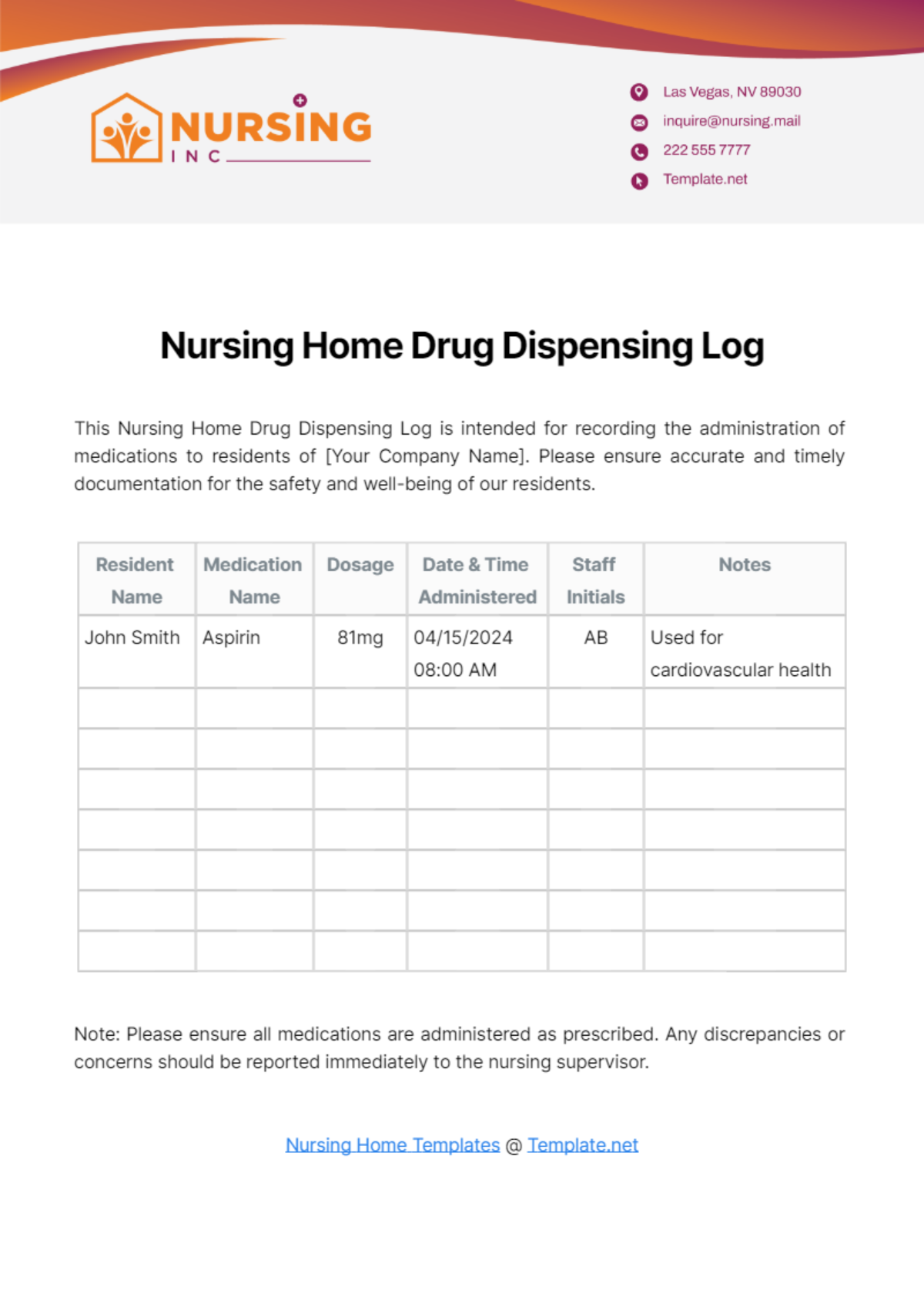 Nursing Home Drug Dispensing Log Template