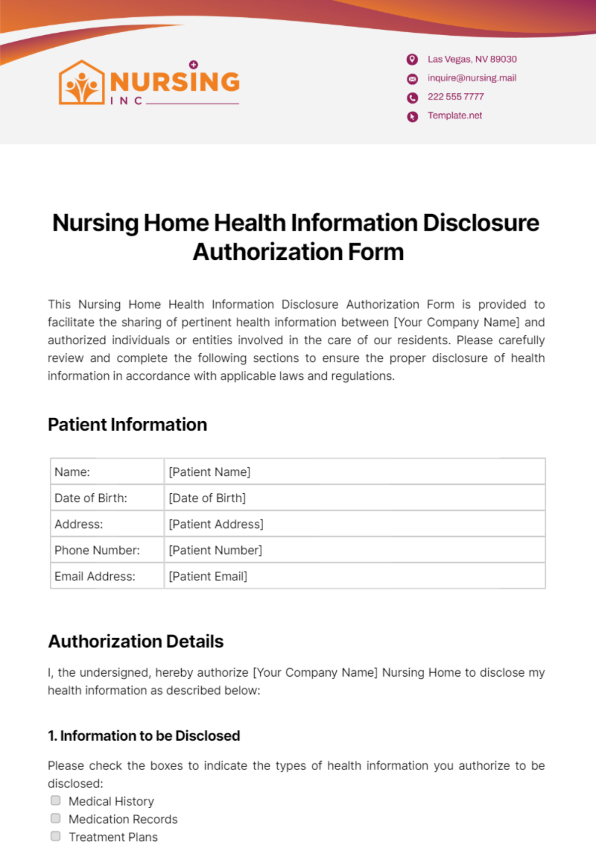 Nursing Home Health Information Disclosure Authorization Form Template