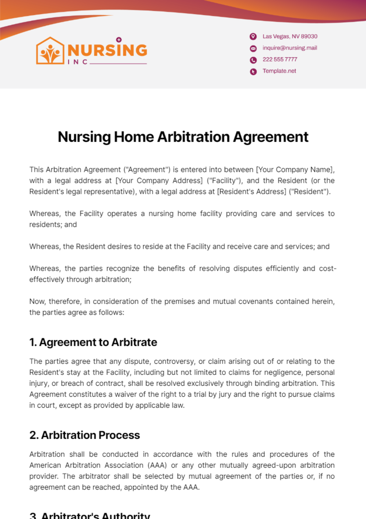 Nursing Home Arbitration Agreement Template