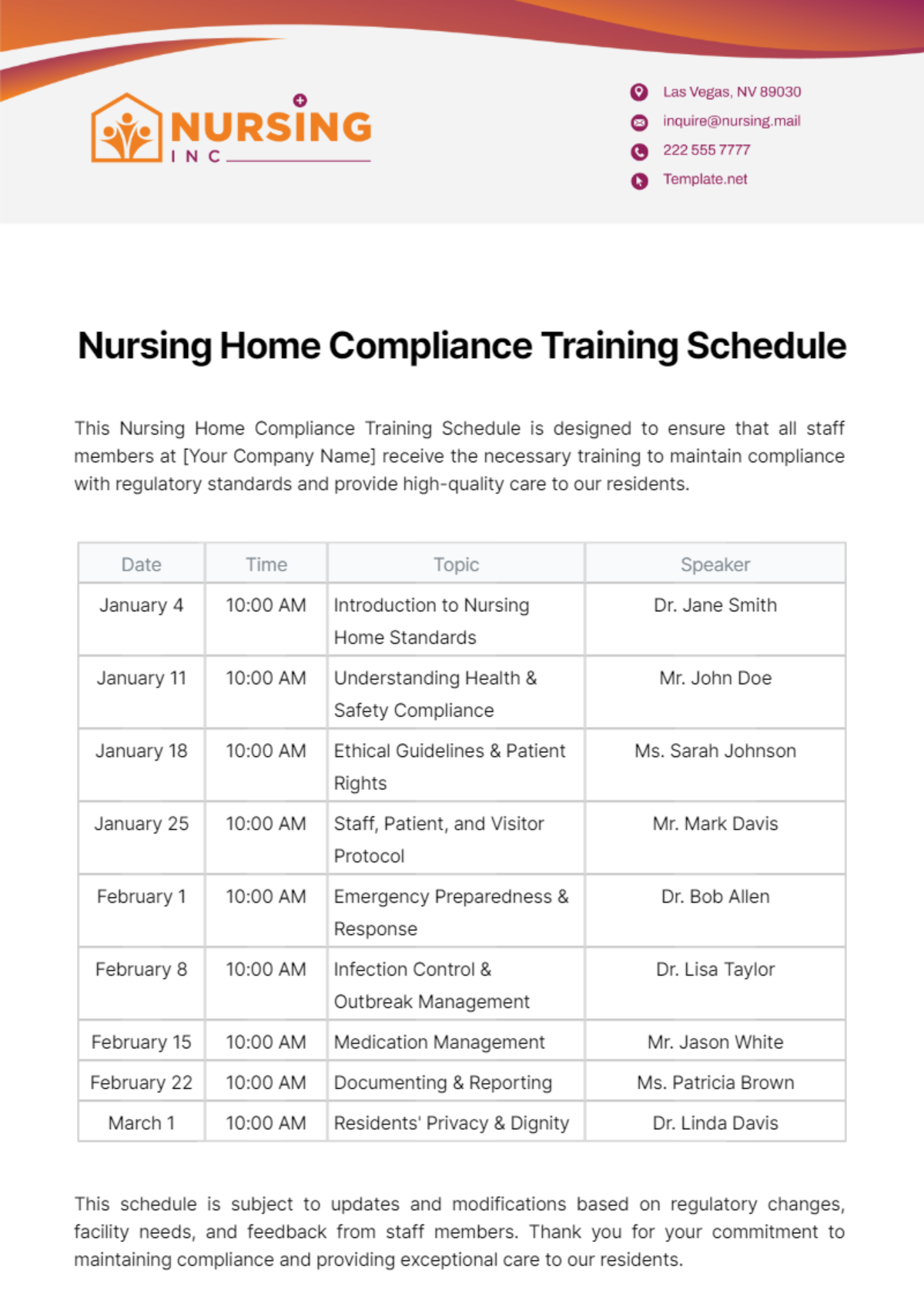 Nursing Home Compliance Training Schedule Template