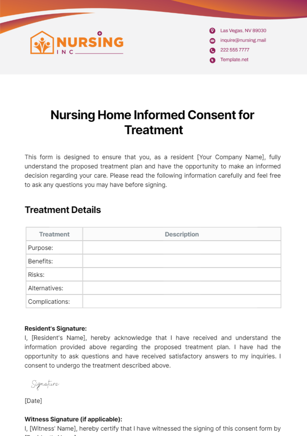 Nursing Home Informed Consent for Treatment Template