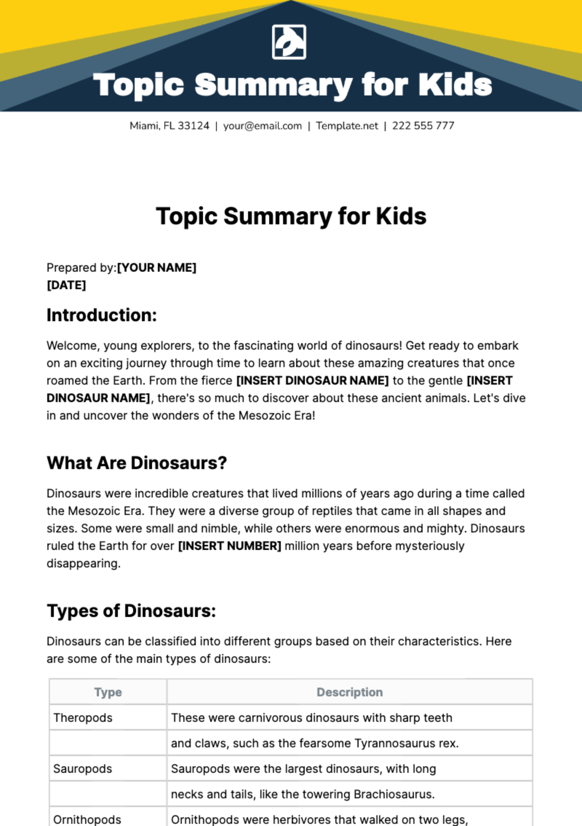 Free Topic Summary for Kids Template