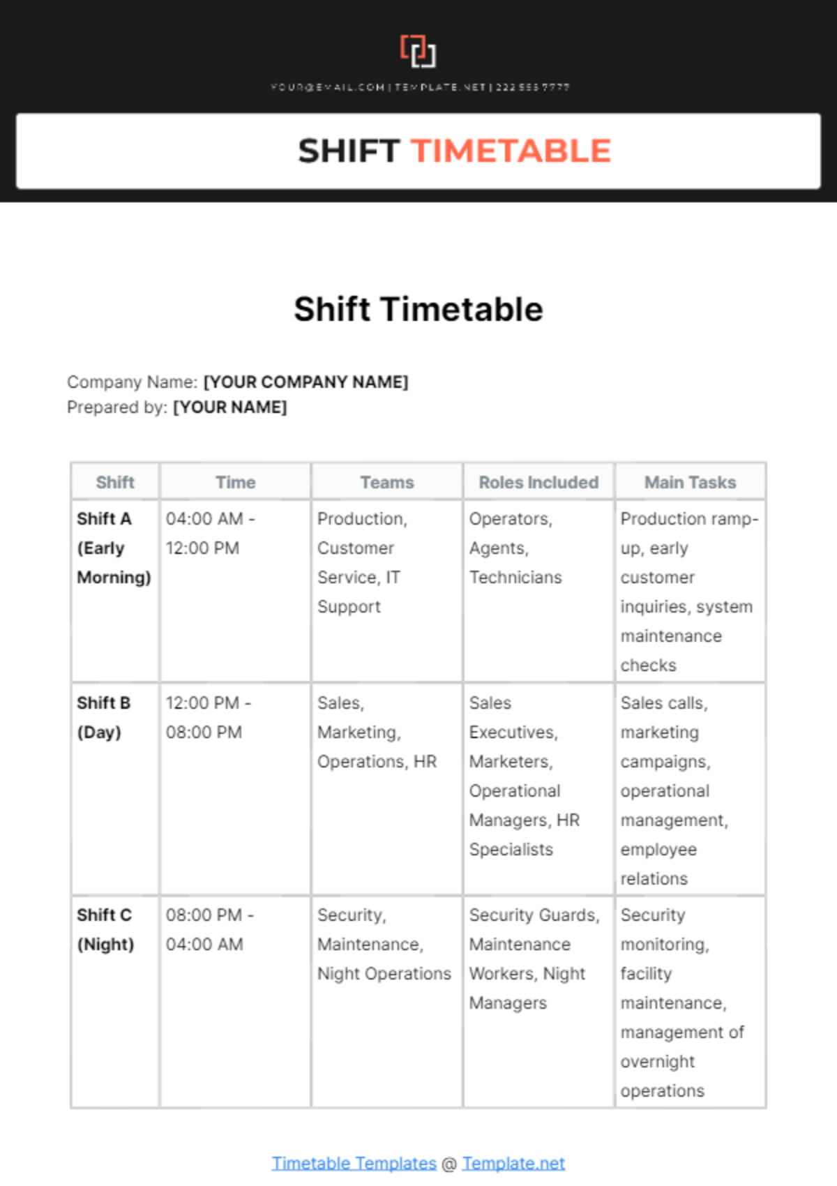 Free Shift Timetable Template