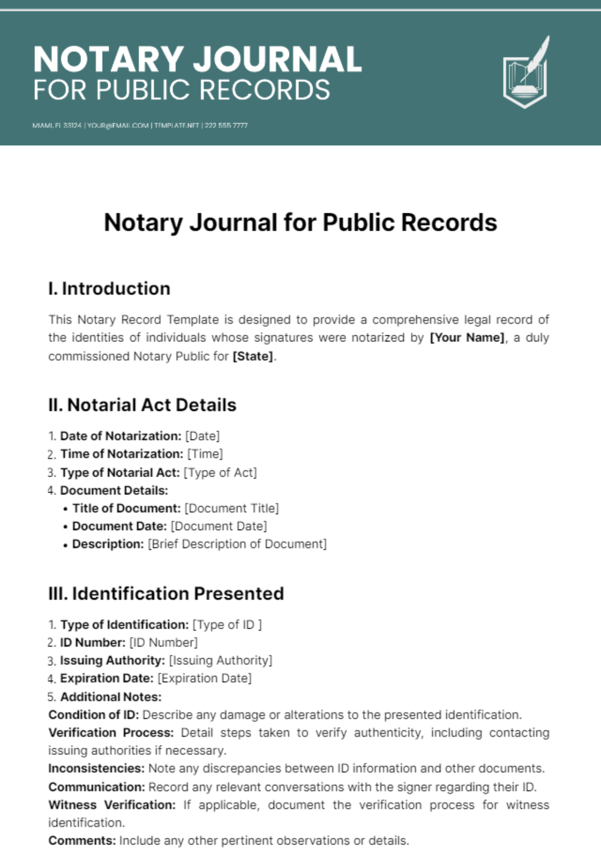 Free Notary Journal for Public Records Template