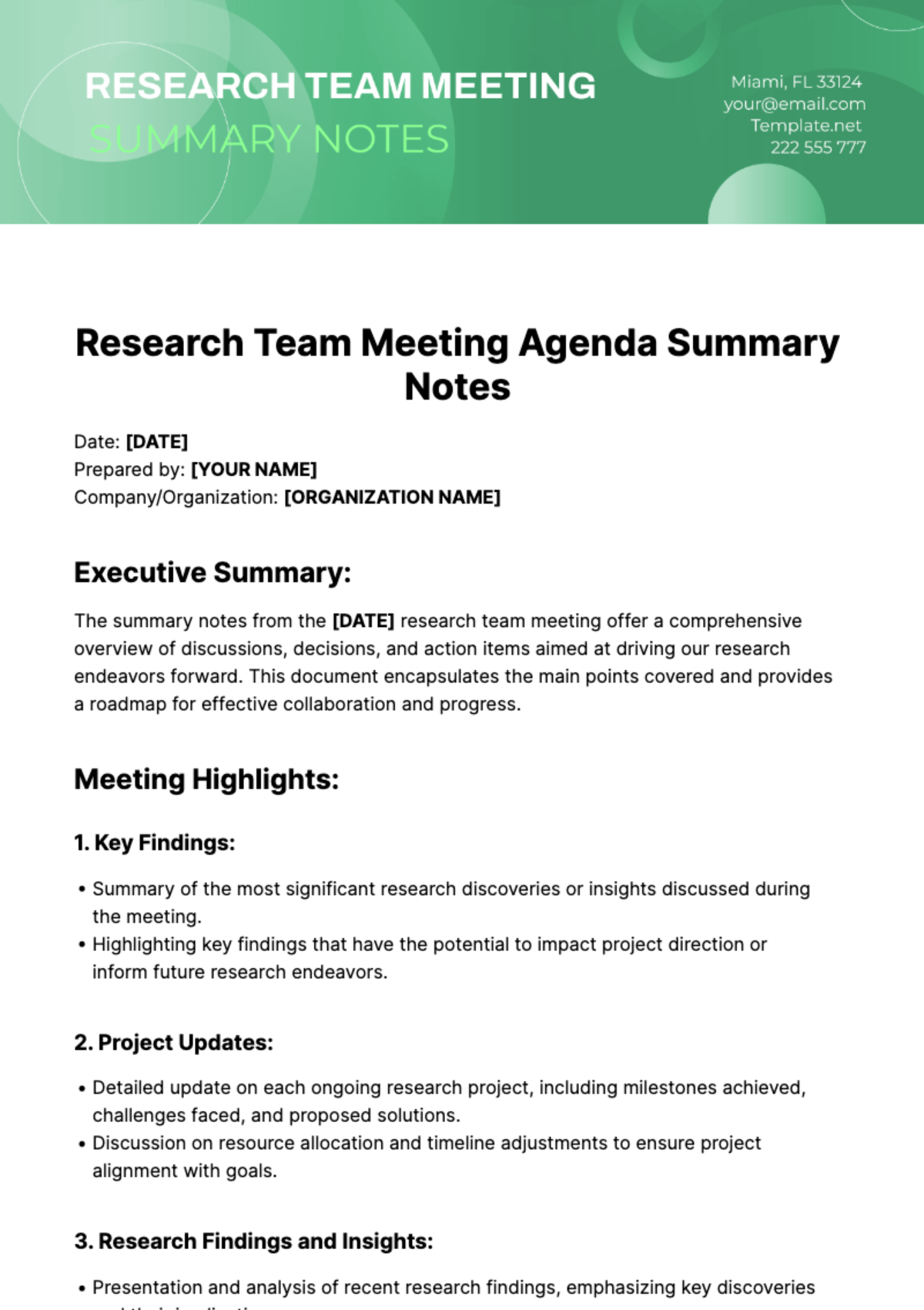 Research Team Meeting Agenda Summary Notes Template
