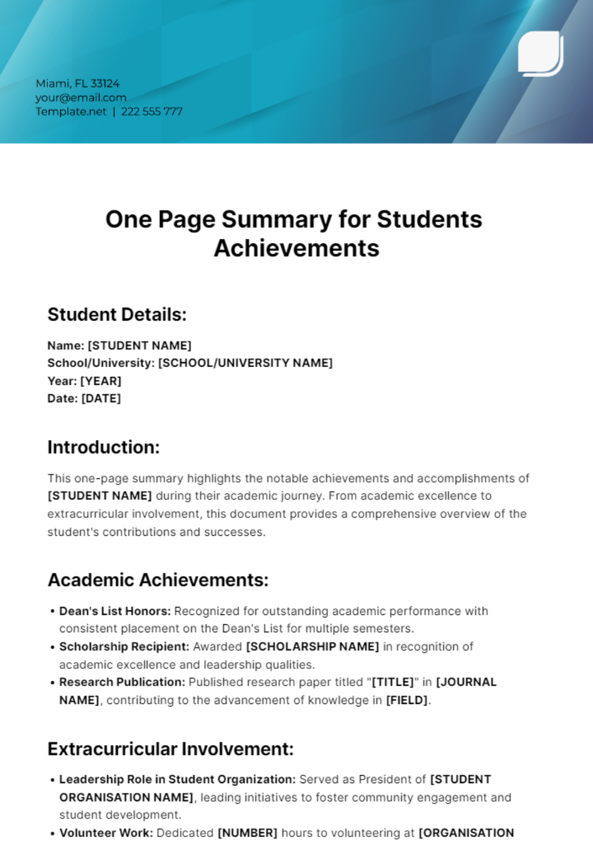 One Page Summary For Students Achievements Template