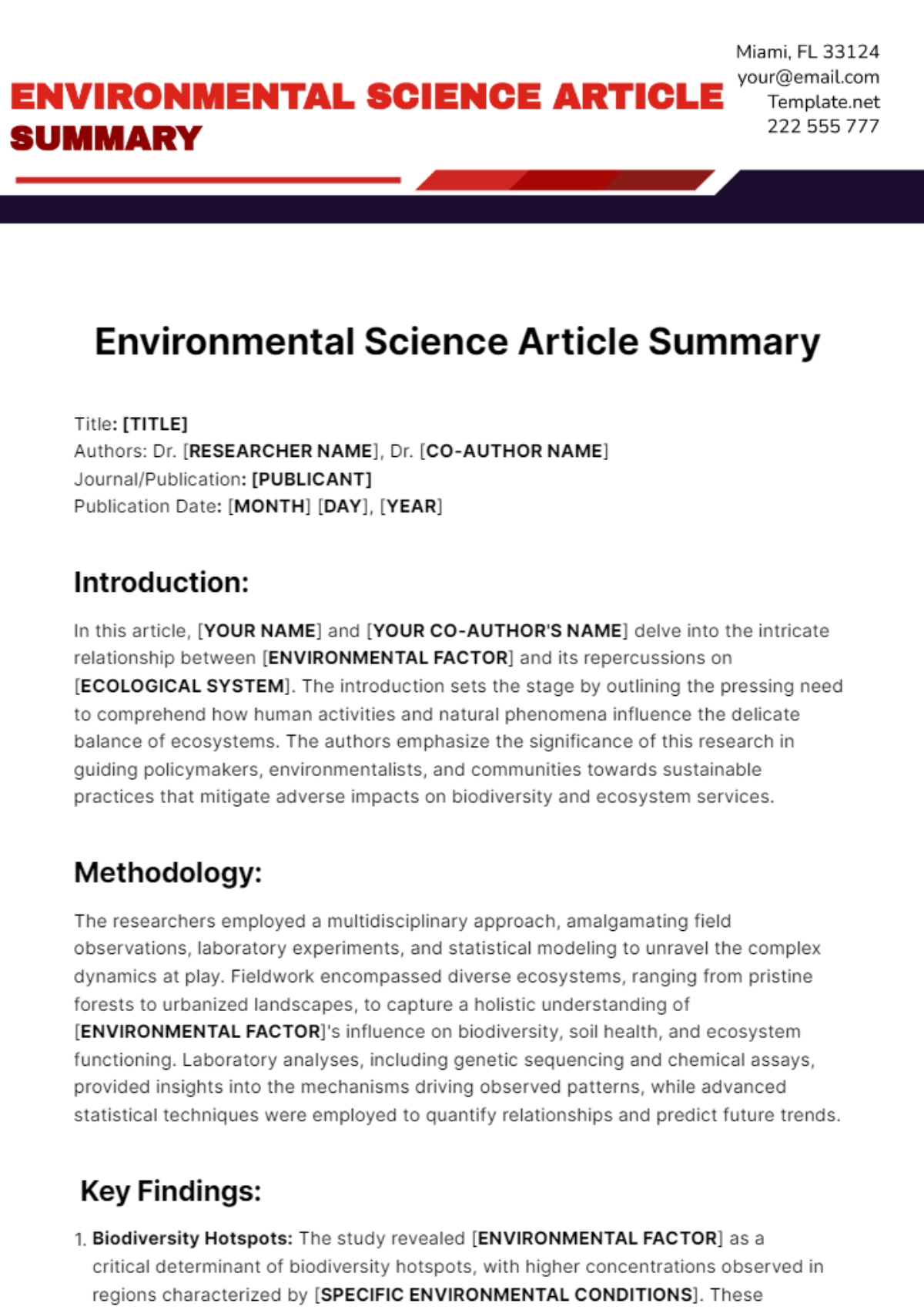 Environmental Science Article Summary Template