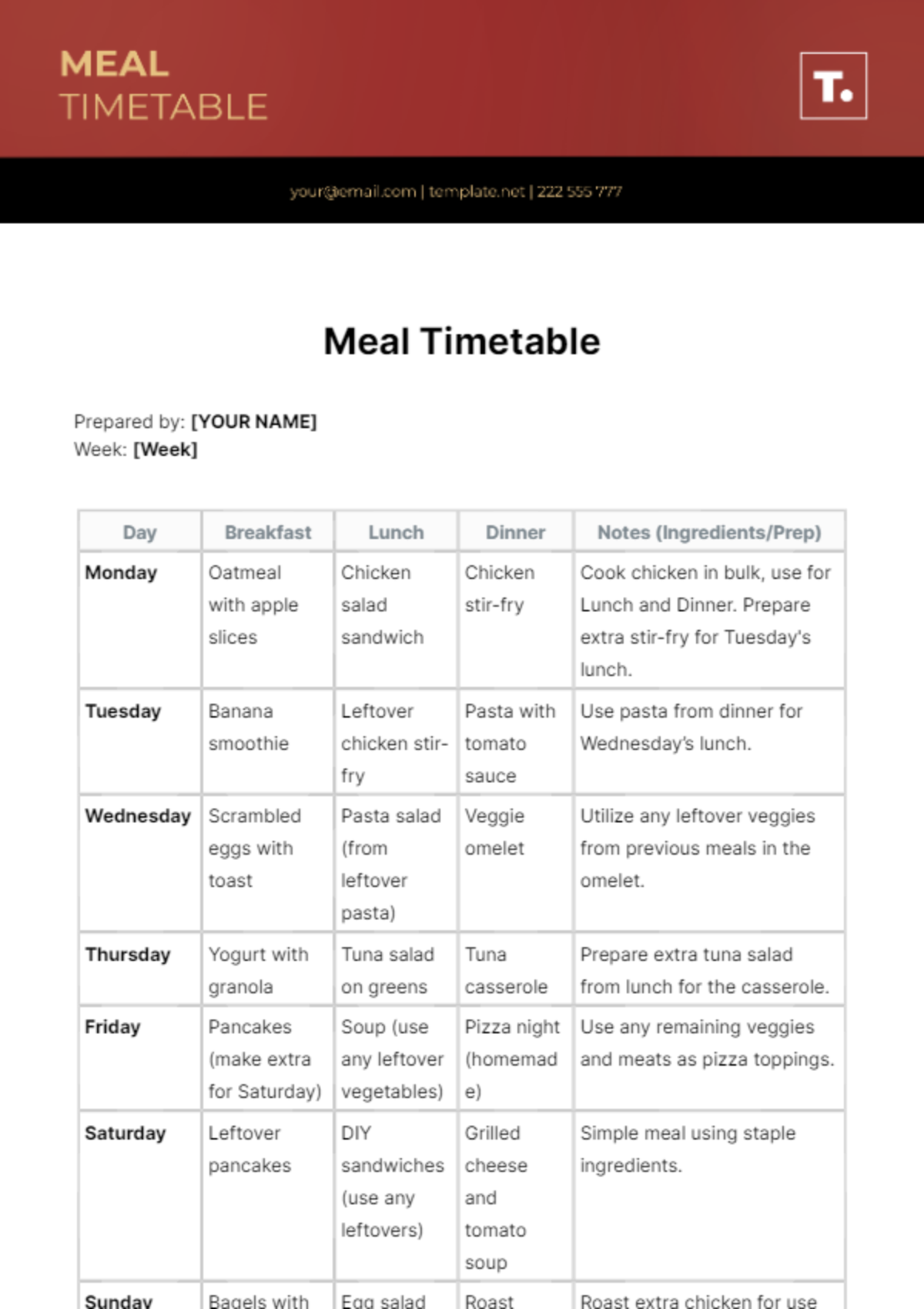 Free Meal Timetable Template