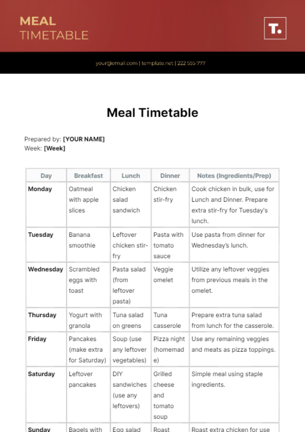 Free Food Timetable Template To Edit Online