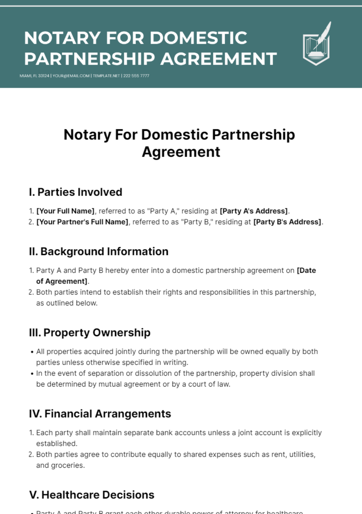 Free Notary For Domestic Partnership Agreement Template