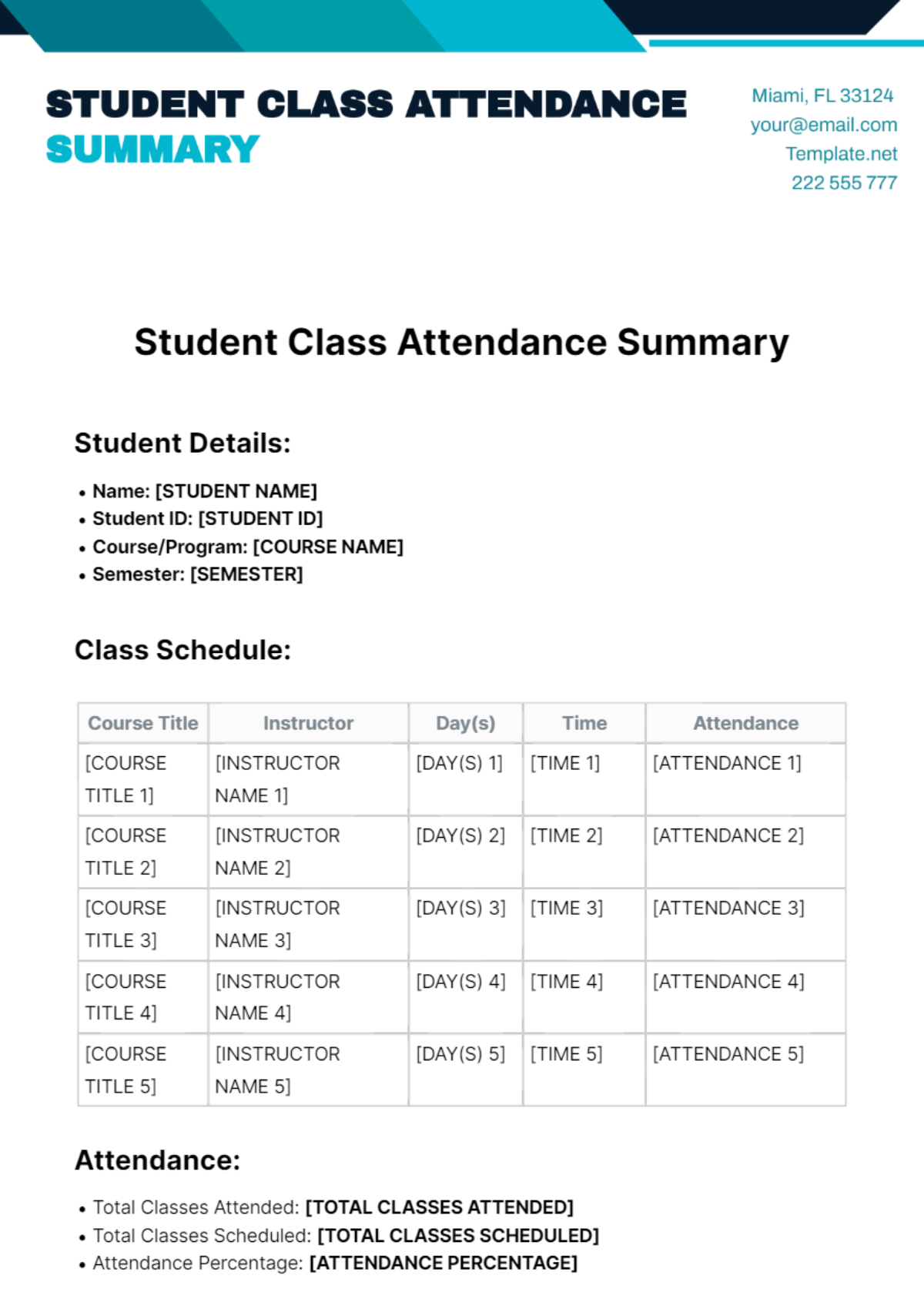 Student Class Attendance Summary Template