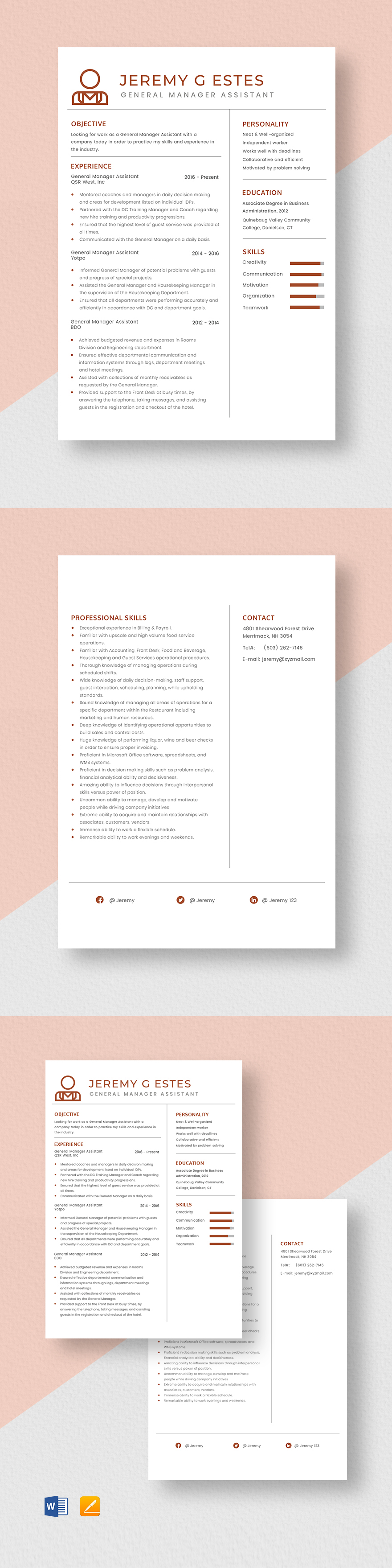 Free General Manager Assistant Resume Template Word Apple Pages 