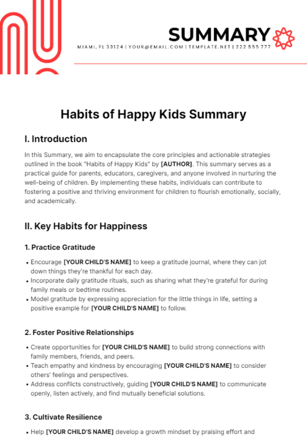 Habits of Happy Kids Summary Template