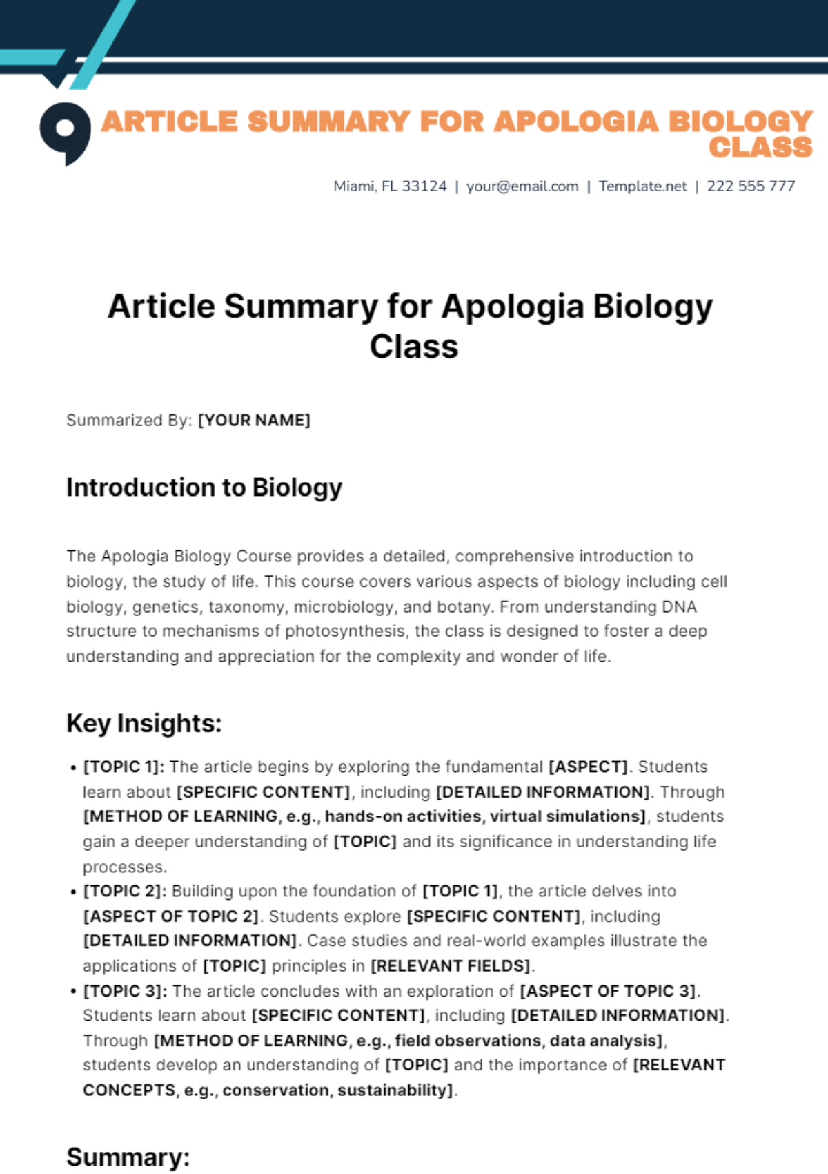 Free Article Summary for Apologia Biology Class Template