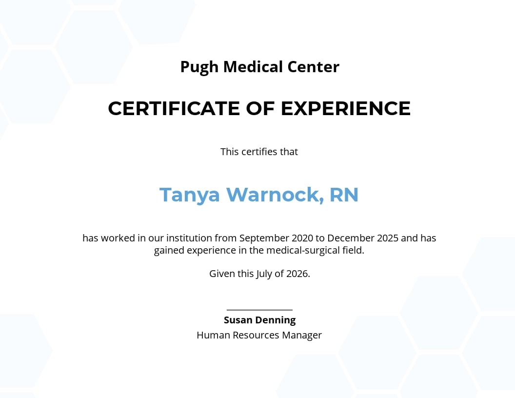 Nursing Experience Certificate Template - Google Docs, Illustrator, Word, Outlook, Apple Pages, PSD, Publisher
