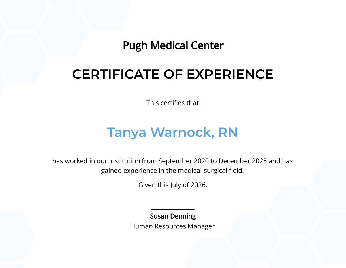Nursing Experience Certificate Template