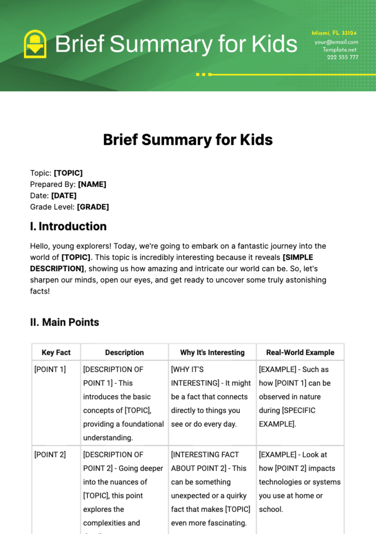 Brief Summary for Kids Template