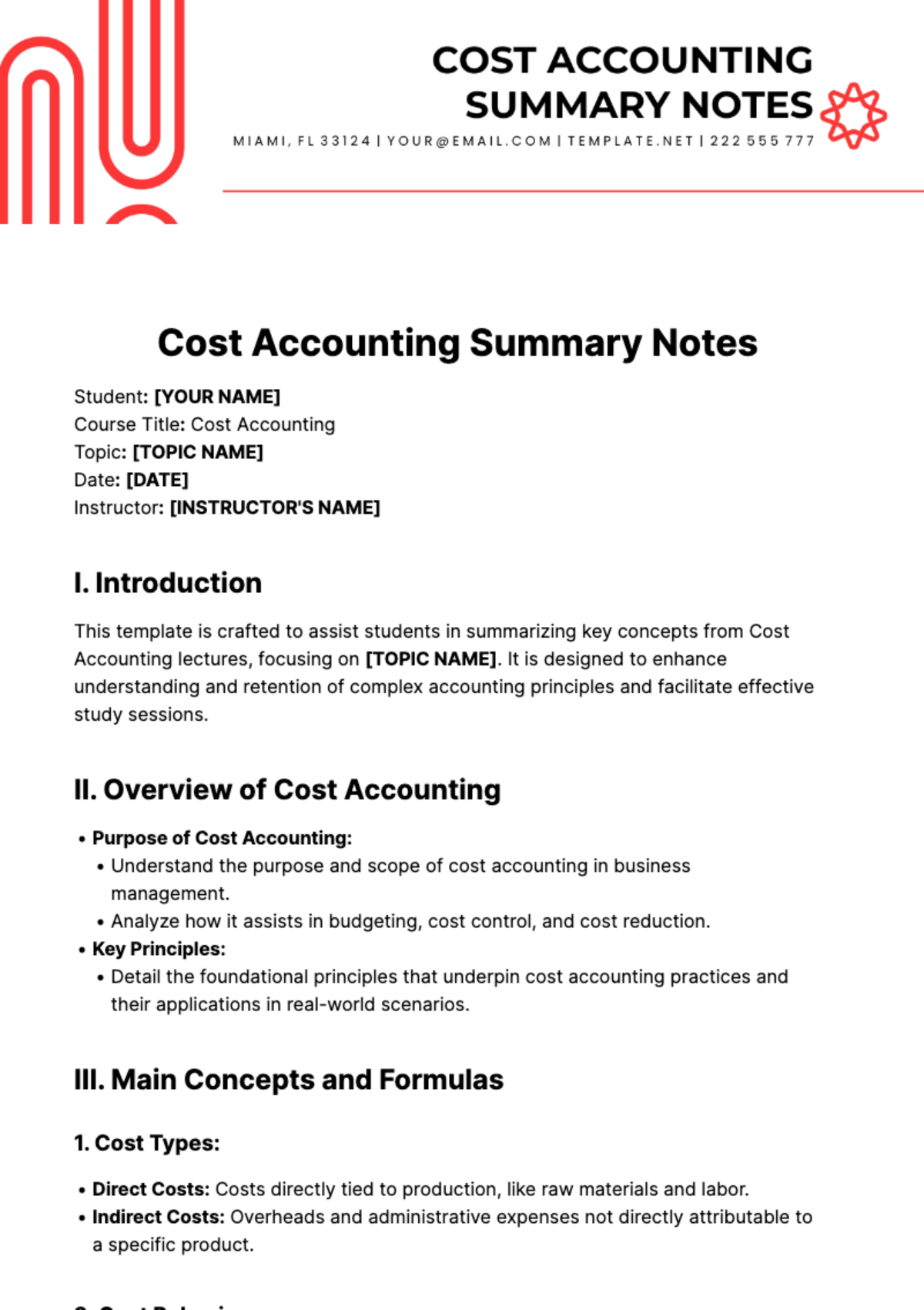 Free Cost Accounting Summary Notes Template
