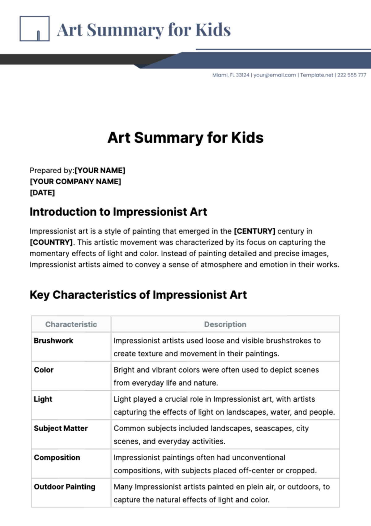 Art Summary for Kids Template