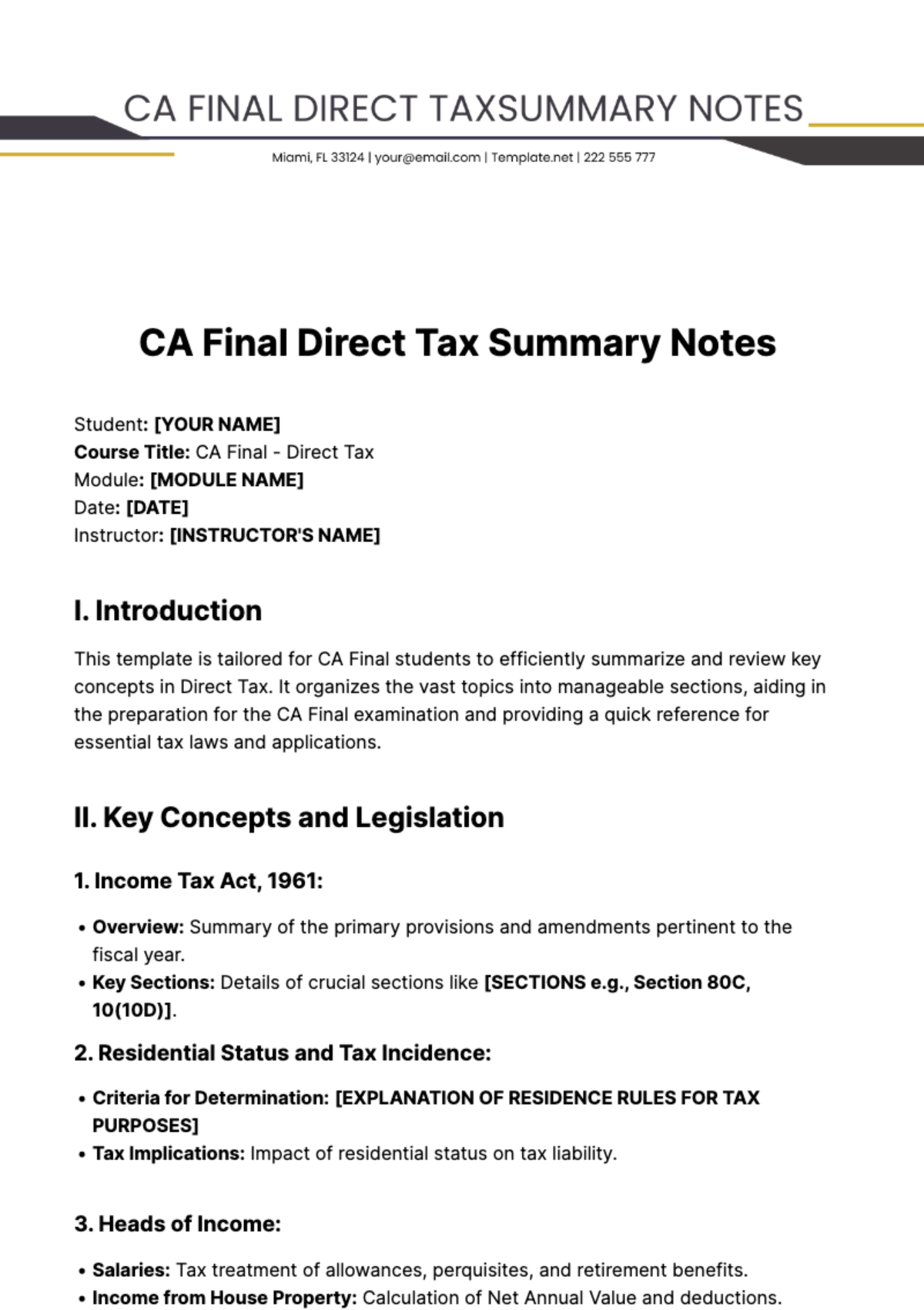 Free Ca Final Direct Tax Summary Notes Template